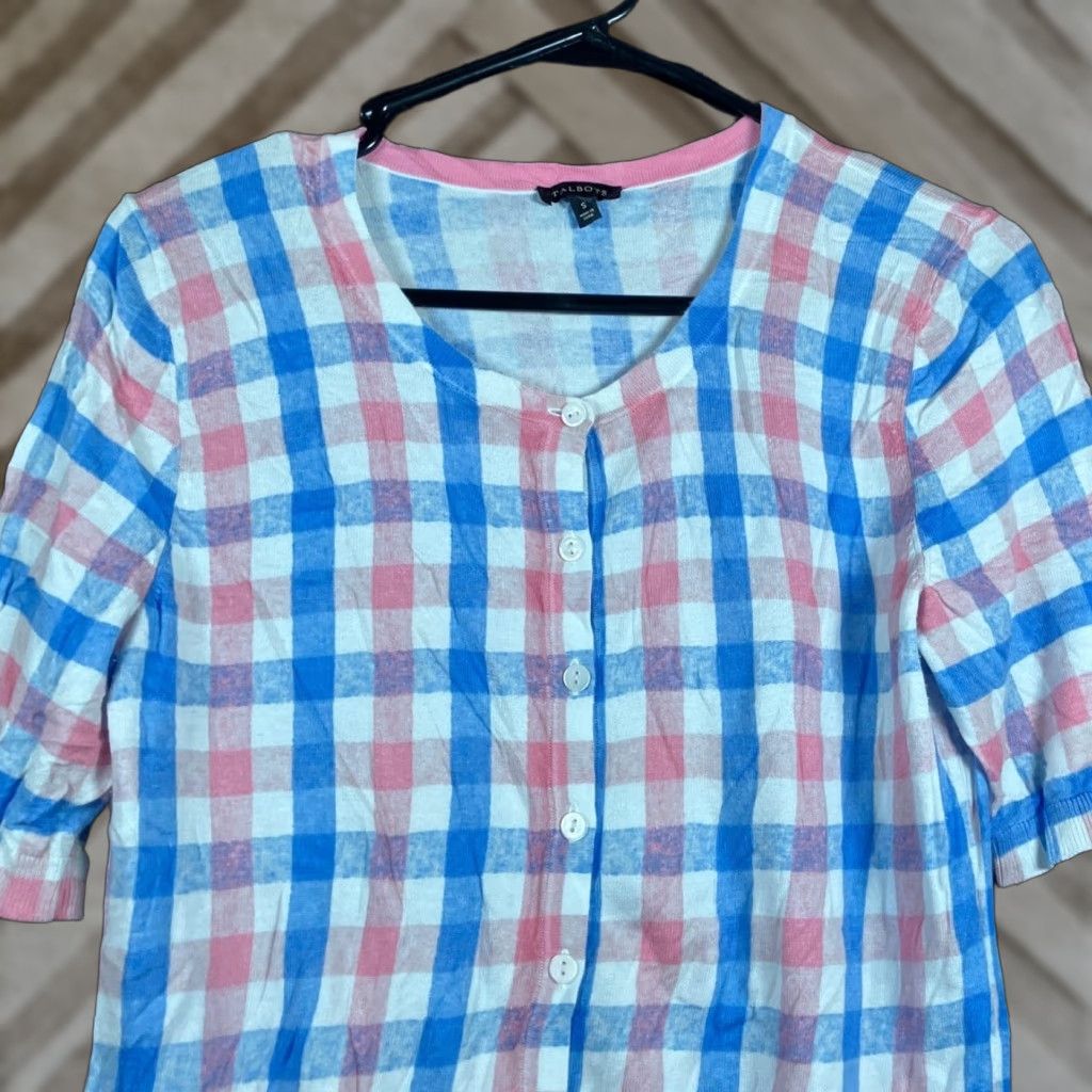 Talbots Talbots Womens Sweater White Plaid Short Sleeve Button Down Cotton Blend S Size S / US 4 / IT 40 - 1 Thumbnail
