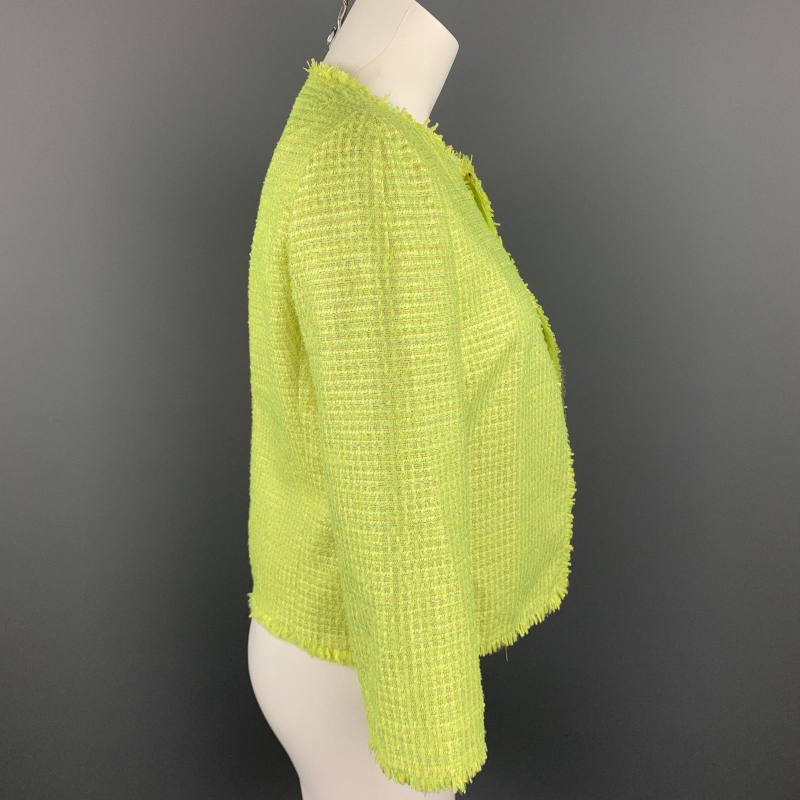 Giambattista Valli Size 8 Green Woven Paper Blend Cropped Open Front Jacket Size M / US 6-8 / IT 42-44 - 2 Thumbnail