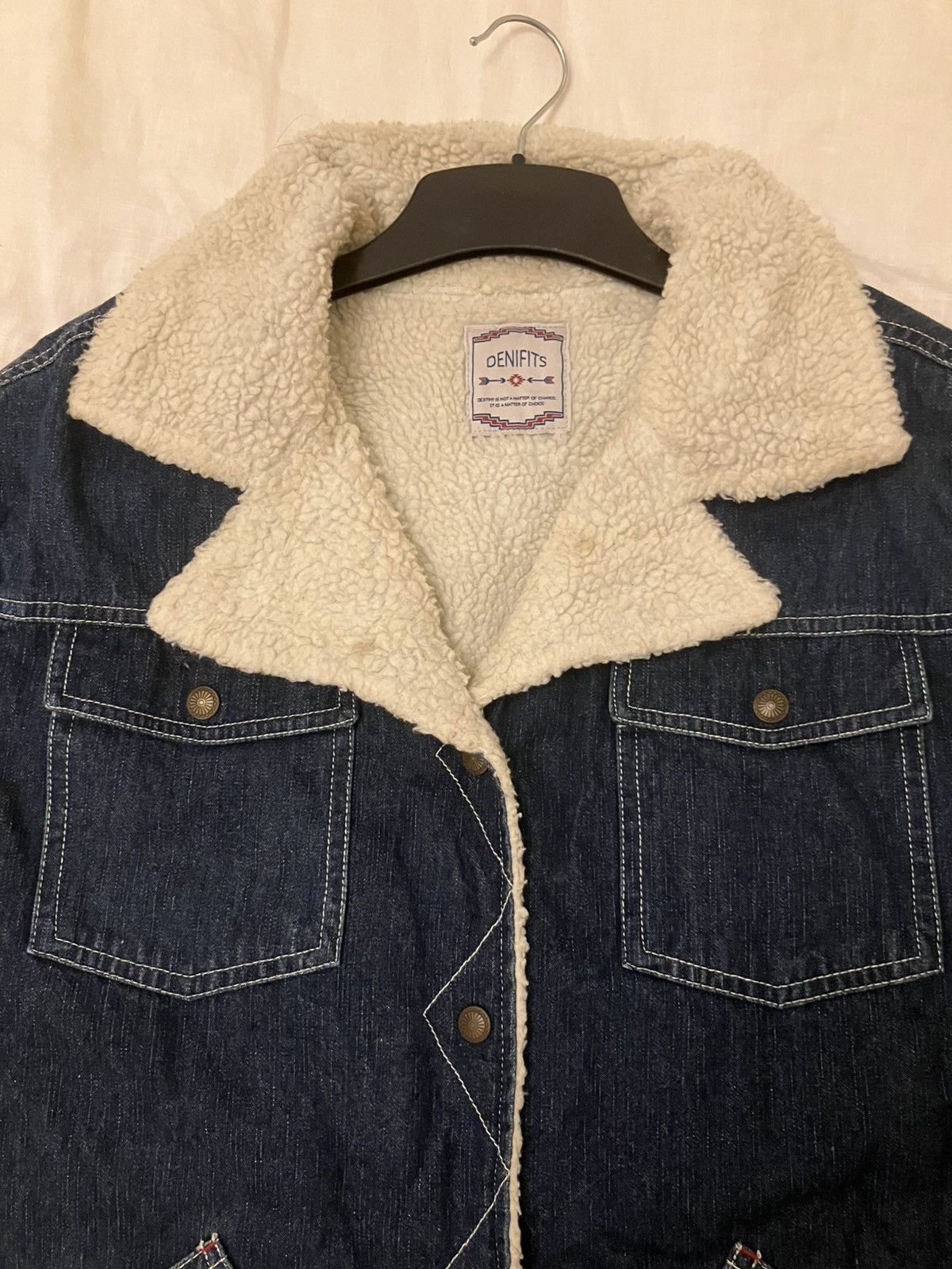 Japanese Brand Vintage DENIFITS Sherpa Denim Trucker Jacket Size US L / EU 52-54 / 3 - 7 Thumbnail