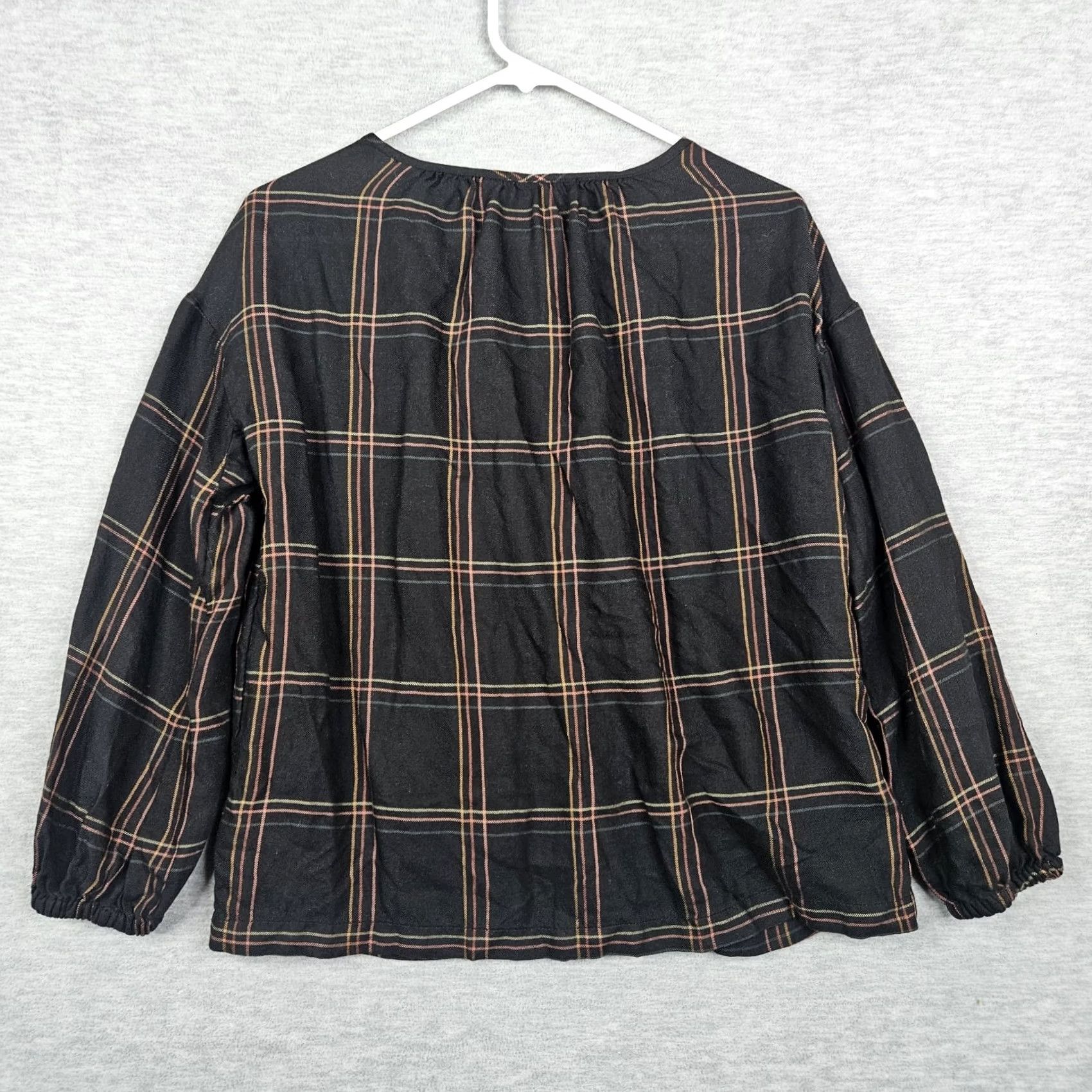 Madewell Madewell Windowpane Shirred Peasant Top Long Sleeve XXS Blouse Womens Multicolor Pattern Check V-Neck Pullover All Seasons Regular Fit Size XXS / US 00 / IT 34 - 2 Thumbnail