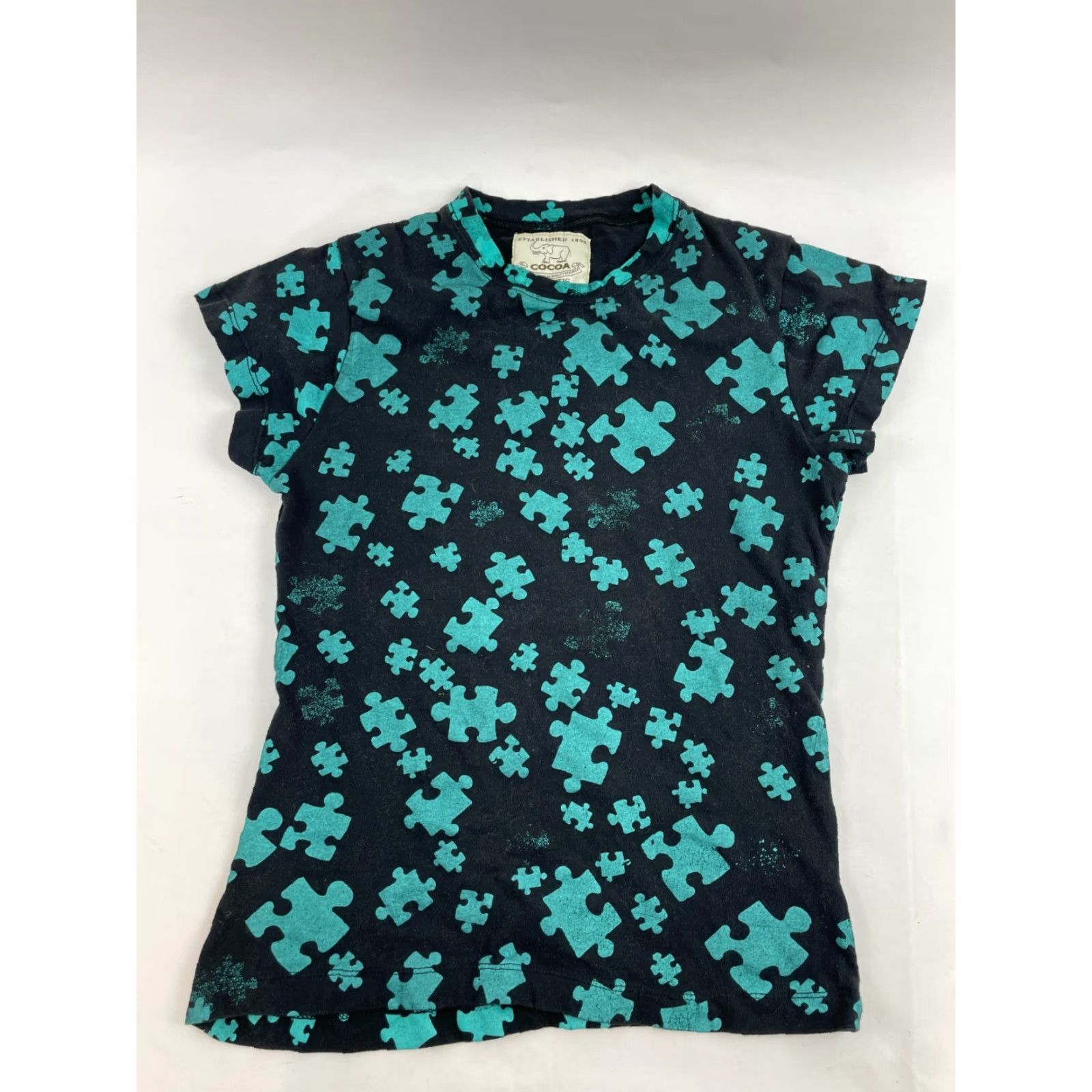 Vintage Cocoa Blouse Women's Size S Short Sleeve Mock Neck Jigsaw Piece Print Size S / US 4 / IT 40 - 2 Thumbnail