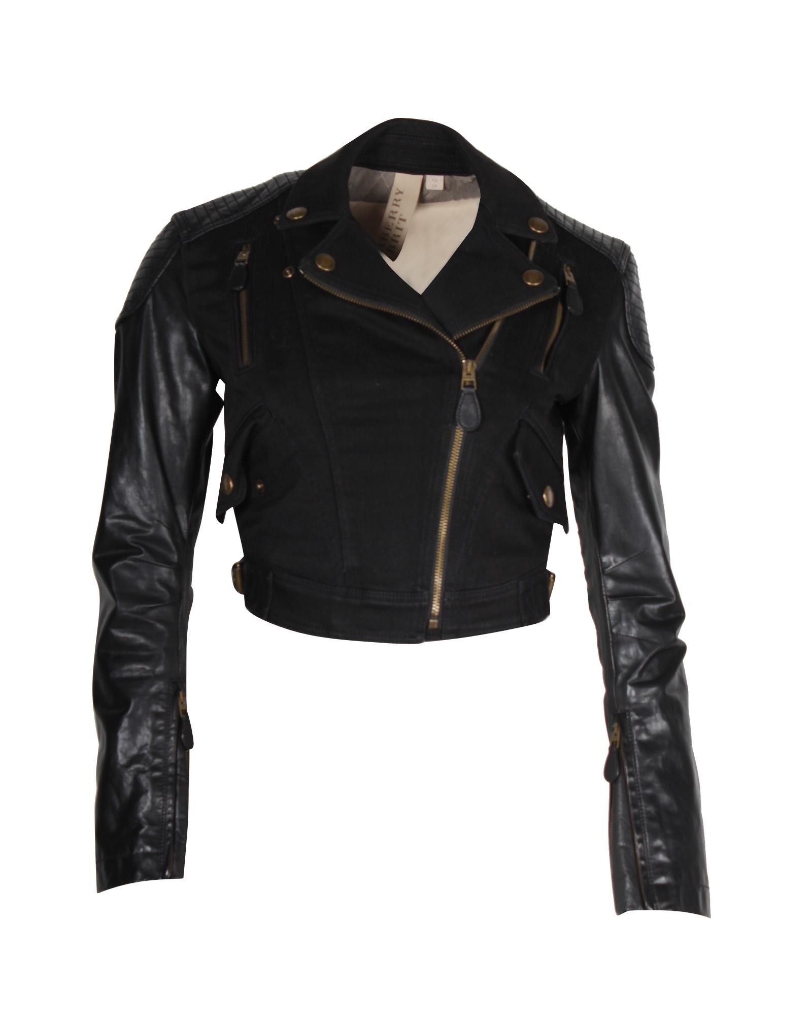 image of Burberry Edgy Black Cropped Biker Jacket In Cotton And Leather, Women's (Size XS)