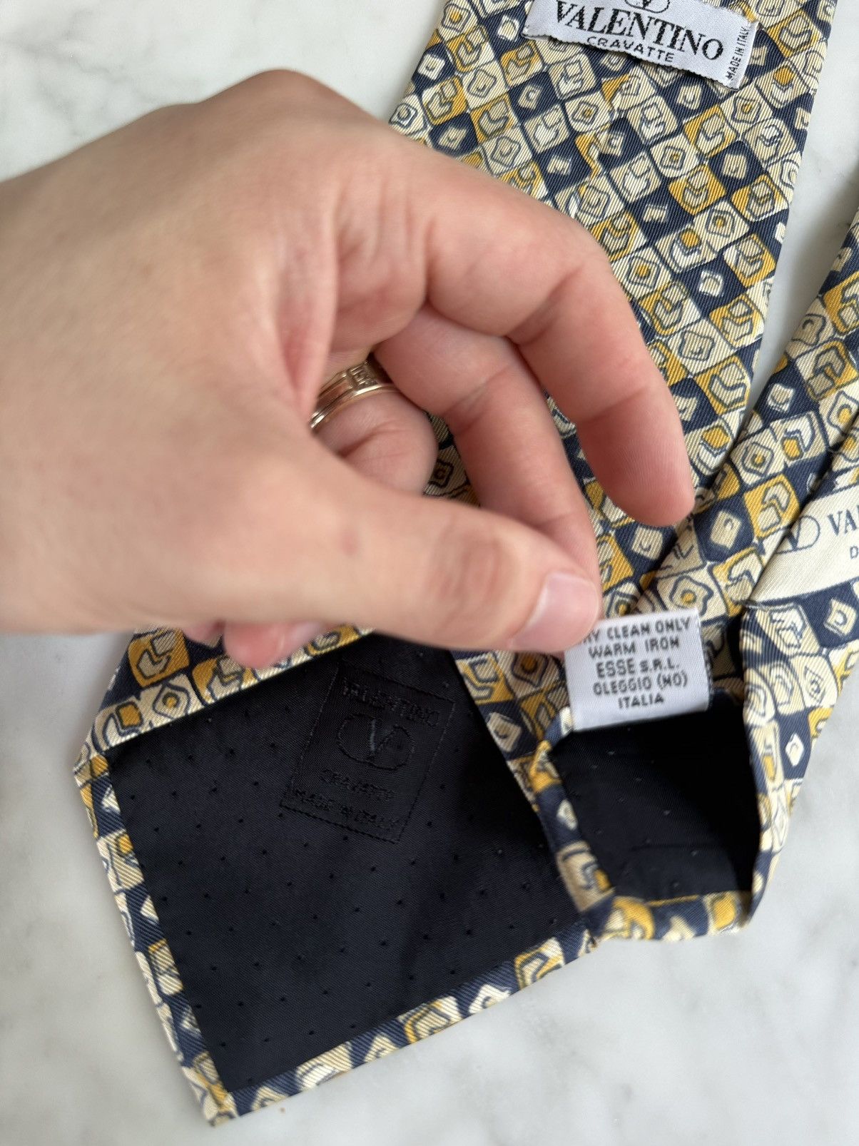 Valentino Valentino Navy Gold Geometric Tie DIS N 6388 100% Silk Italy Size ONE SIZE - 6 Thumbnail