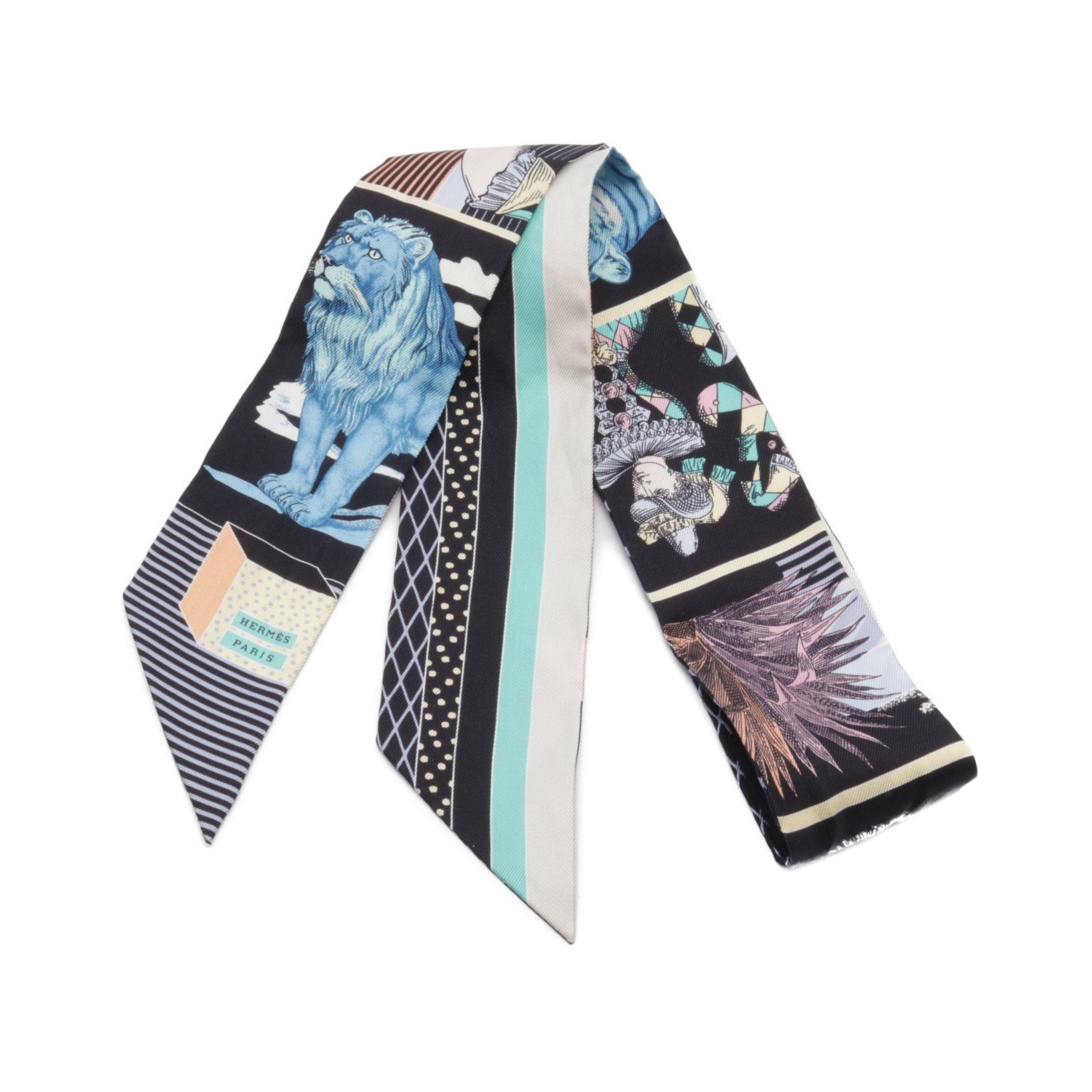 Hermes Twilly Grand Theatre Nouveau Ribbon Scarf Silk Black Multicolor