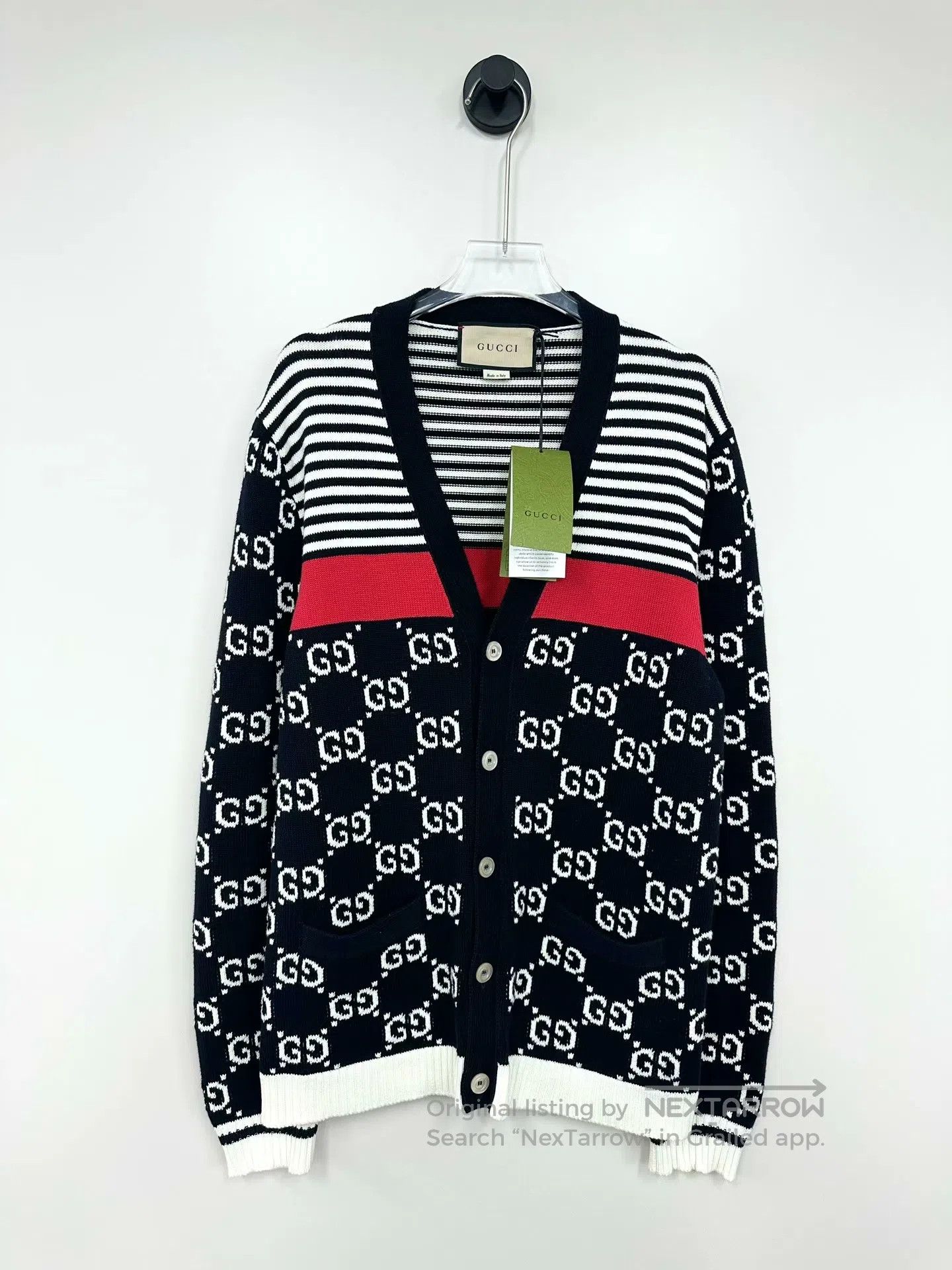 Gucci Guicci Black Classic Striped Printed Logo Knit Cardigan| Size US M / EU 48-50 / 2 - 1 Thumbnail