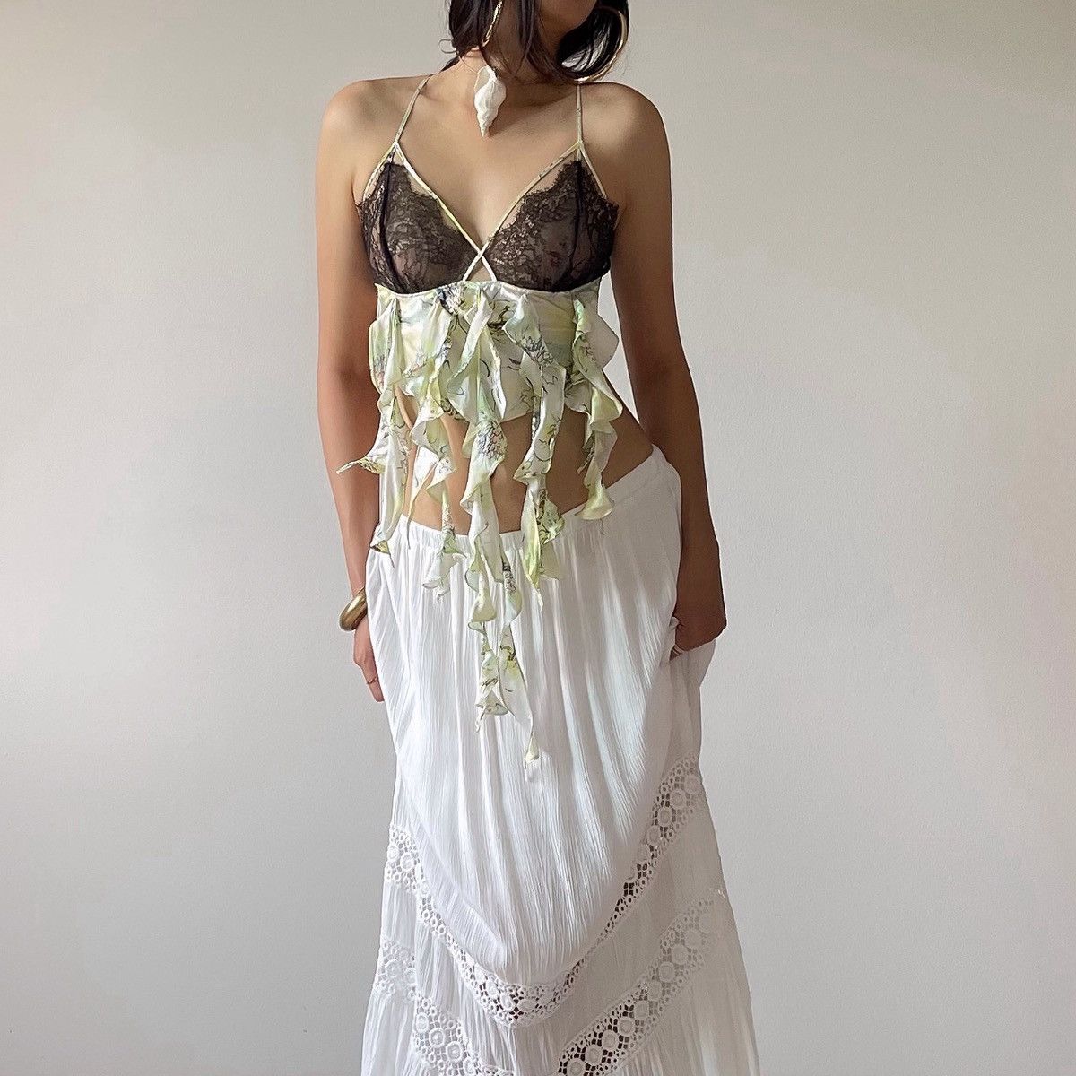 Handmade Romantic Green Floral Ruffled Silk & Lace Camisole (XS–S) Size S / US 4 / IT 40 - 1 Thumbnail
