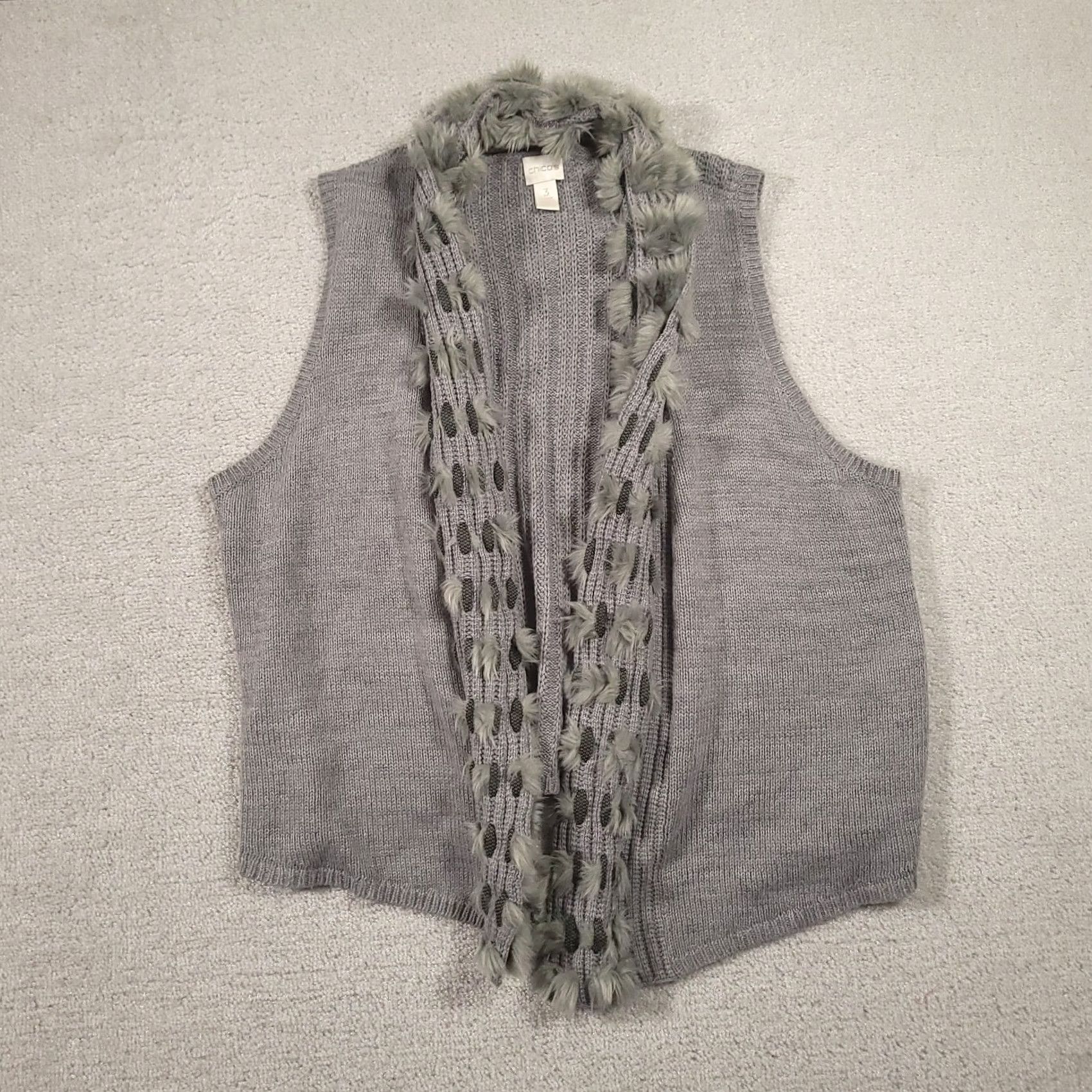 Vintage Chico’s Grey Fringe Detail Sleeveless Cardigan Sweater XL Women Size XL / US 12-14 / IT 48-50 - 2 Thumbnail