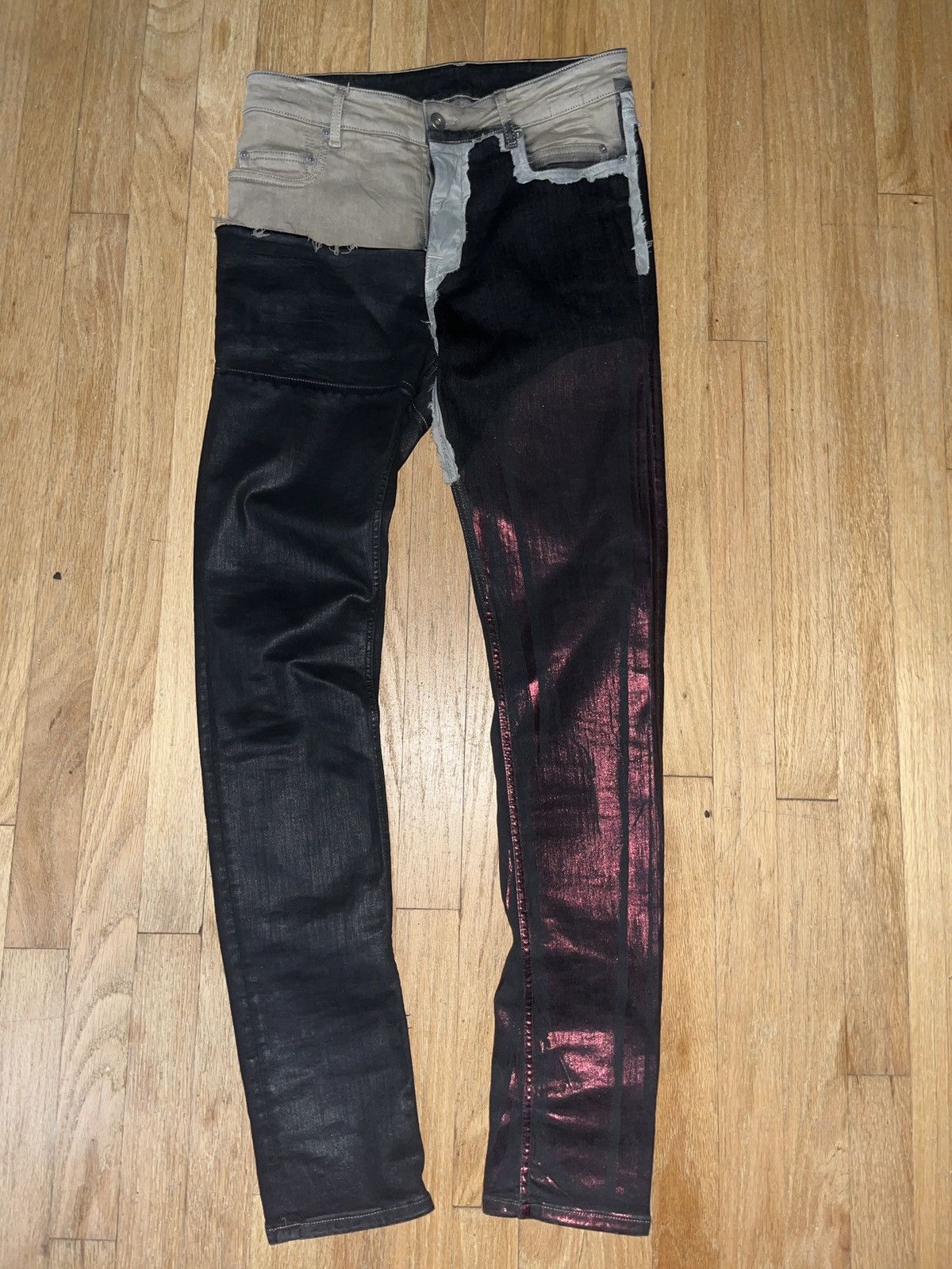 Rick Owens SS19 SPLIT WAX BRUISED DENIM JEANS RAW SKINNY TYRONE