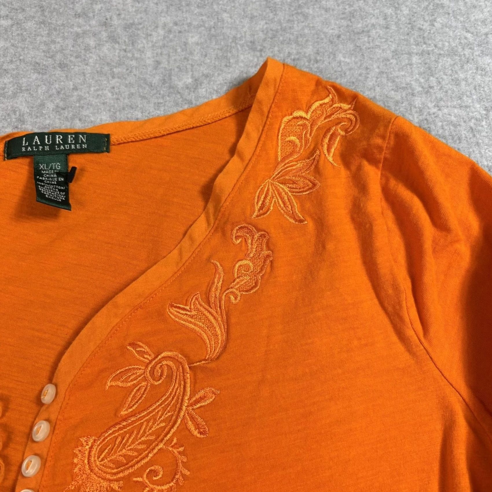 Ralph Lauren Lauren Ralph Lauren Shirt Womens XL Orange Embroidered Boho 3/4 Sleeve Button Tunic Top Blouse Size XL / US 12-14 / IT 48-50 - 7 Thumbnail