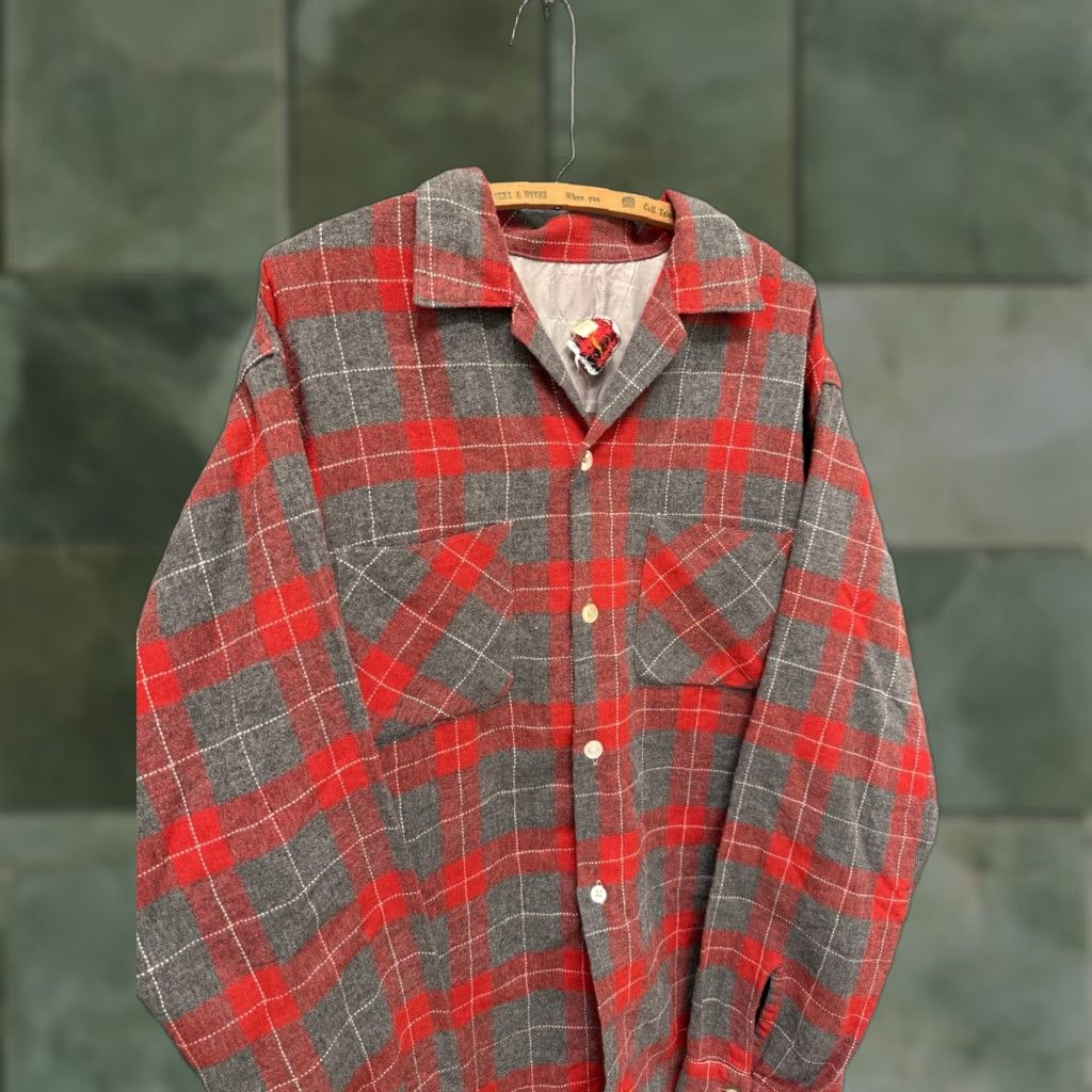 Vintage VINTAGE Brent Plaid Button-Up Wool Flannel Shirt L Red 60s Mens Tall Size US L / EU 52-54 / 3 - 1 Thumbnail