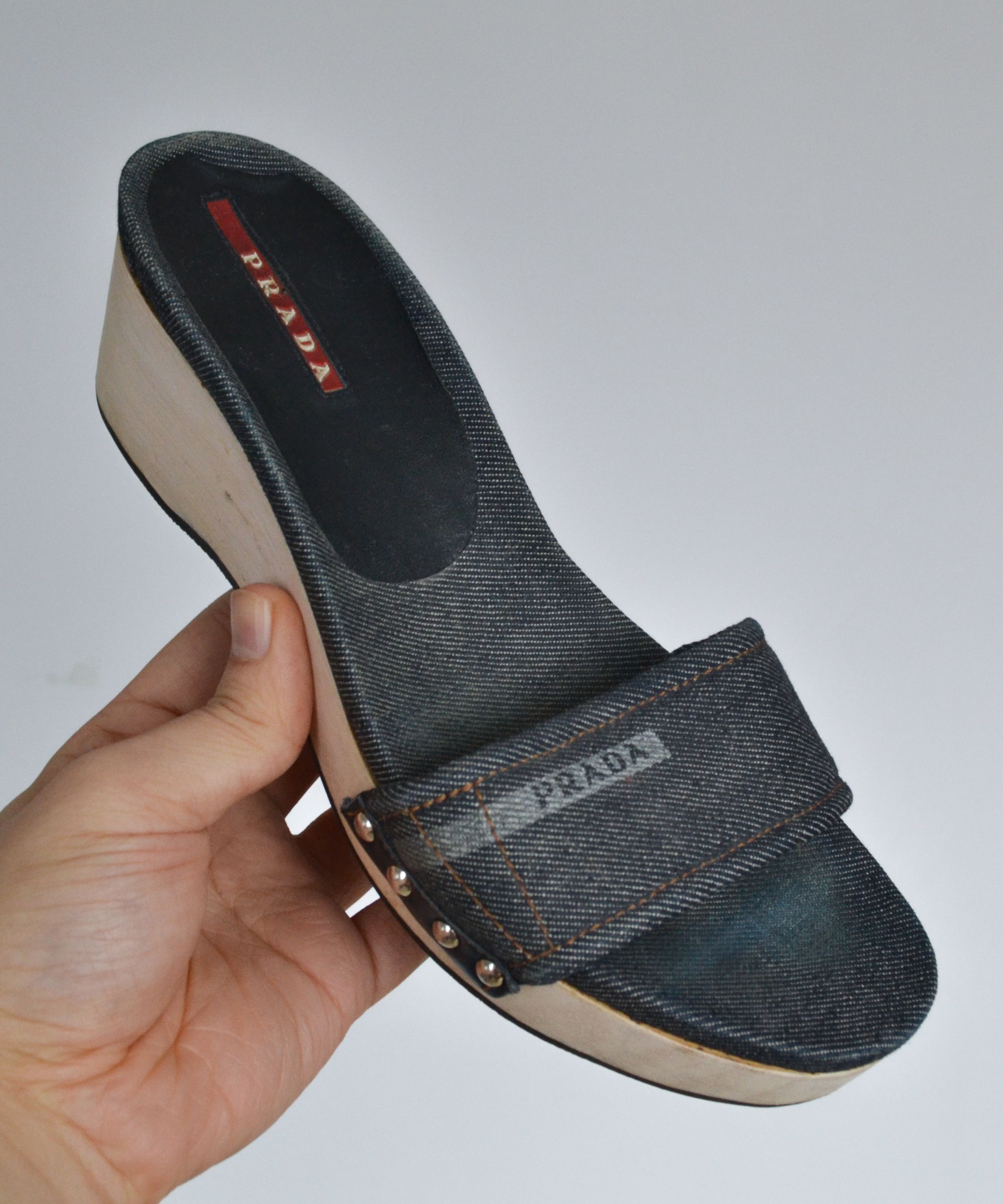 Prada PRADA Slides Slippers Wedge Sandals Blue Logo Denim 90s Size US 6 / IT 36 - 7 Thumbnail