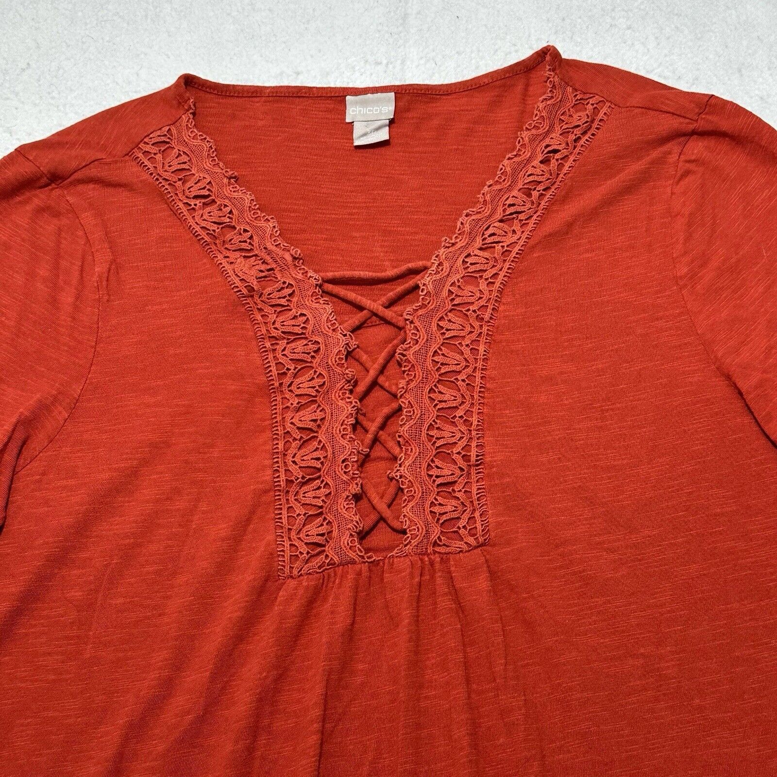 Chicos Chico's 3 XL Burnt Orange 3/4 Sleeve Lace Boho Blouse Size XL / US 12-14 / IT 48-50 - 2 Thumbnail