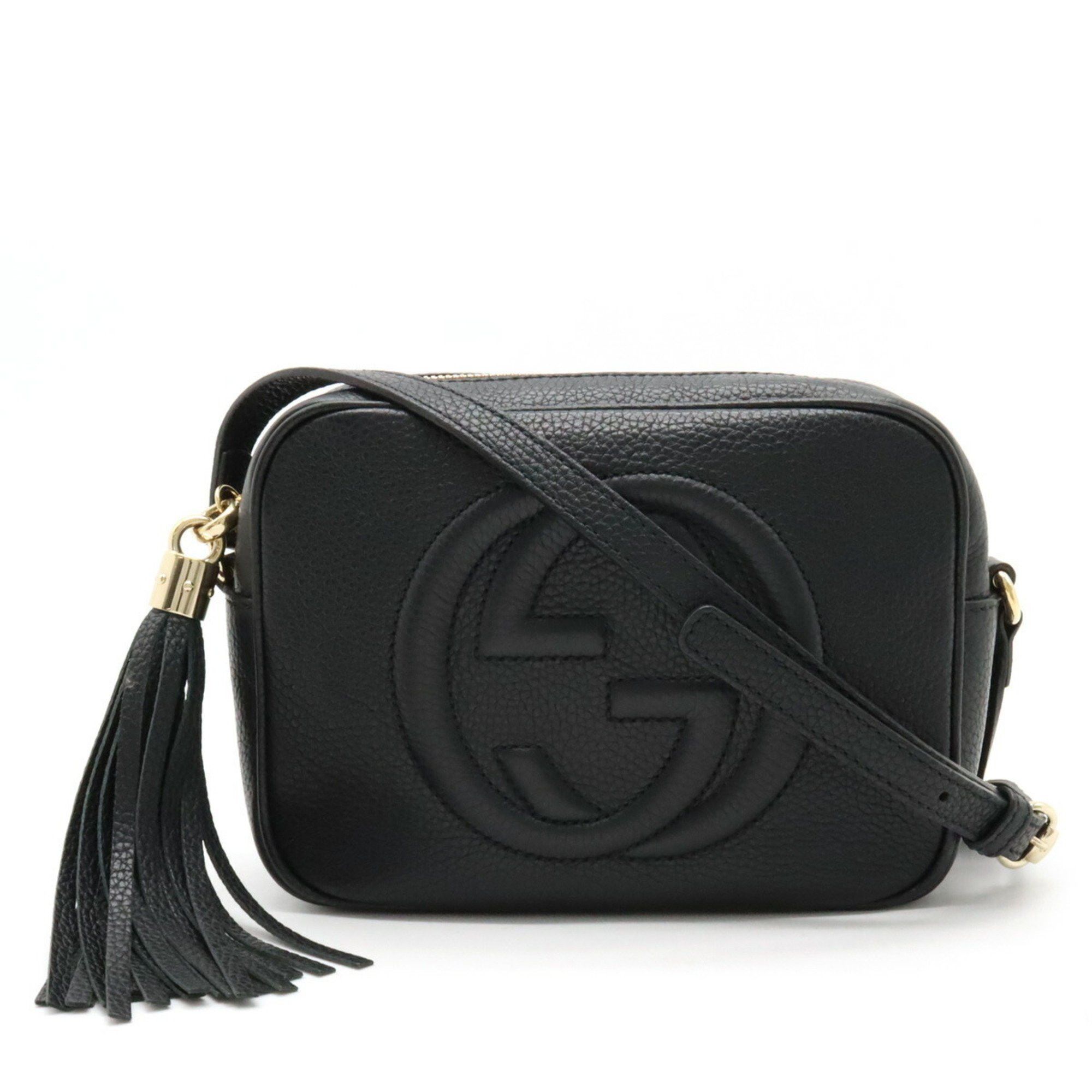 image of Gucci Soho Small Disco Shoulder Bag Pochette Tassel Leather Black 308364, Women's