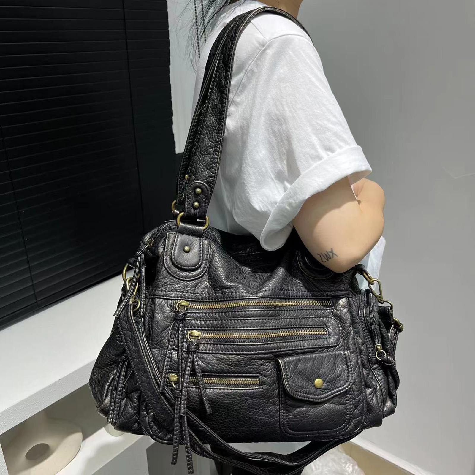Vintage Black Quilted Leather Handbag with Multiple Zipper Pockets Size ONE SIZE - 2 Thumbnail