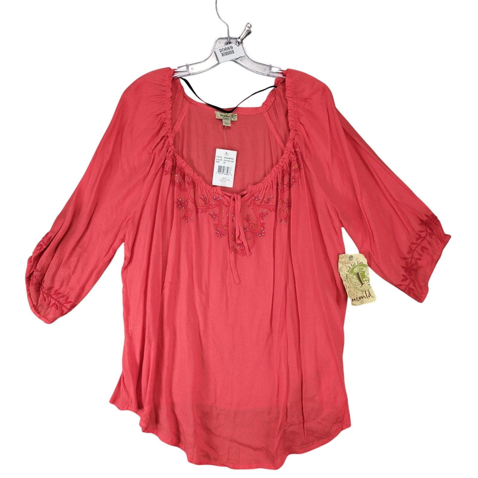 Other NWT One World Coral Peasant Blouse Top Women's Plus Size 2X Size XXL / US 16-18 / IT 52-54 - 1 Thumbnail