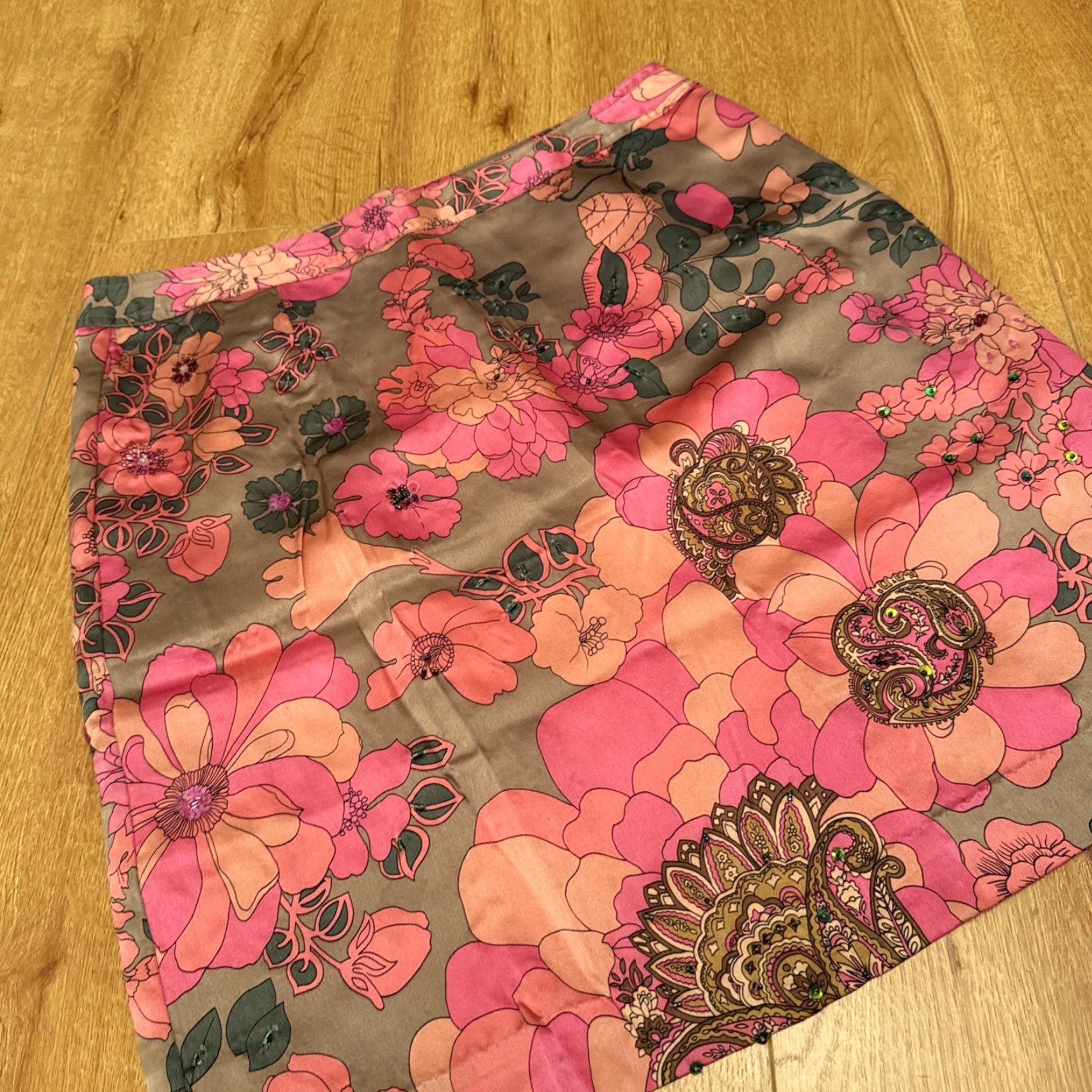Pinko VINTAGE Plenty Silk Pencil Skirt Beaded Floral Satin Pink 90s Y2K Knee Length Womens Regular Large Yellow Size 36" / US 14 / IT 50 - 4 Thumbnail