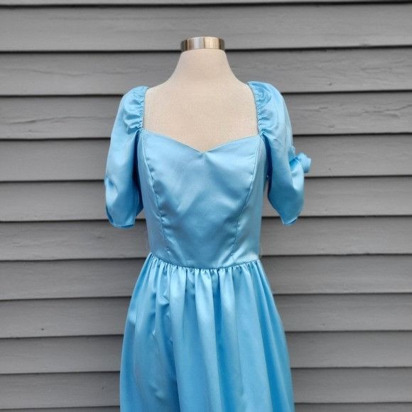 Vintage Vintage 80s Retro Pin Up Girl Blue Satin Puffed Sleeves Maxi Size S / US 4 / IT 40 - 4 Thumbnail