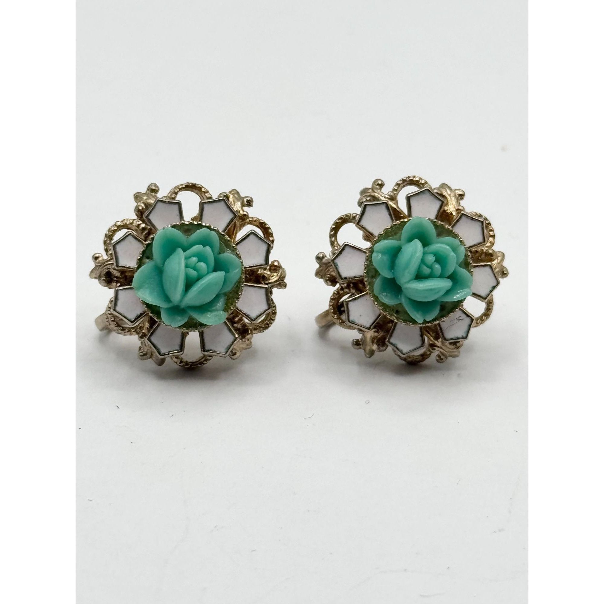 Vintage Vintage blue celluloid flower enamel filigree earrings Size ONE SIZE - 3 Thumbnail