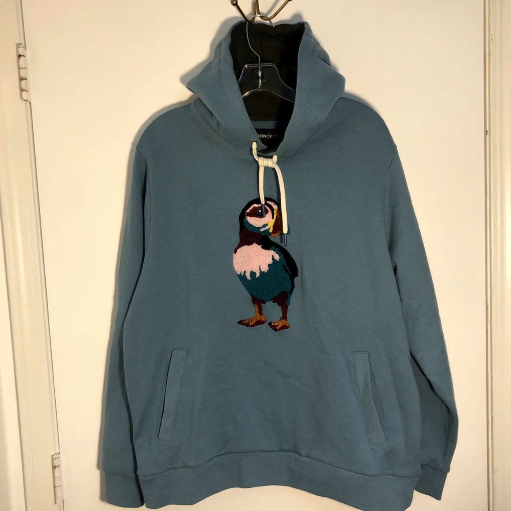 Bonobos Bonobos Mens Blue Fleece Classic Pullover Hoodie L Large Puffin Bird Embroidered Graphic Print Pullover Crew Neck Size US L / EU 52-54 / 3 - 3 Thumbnail