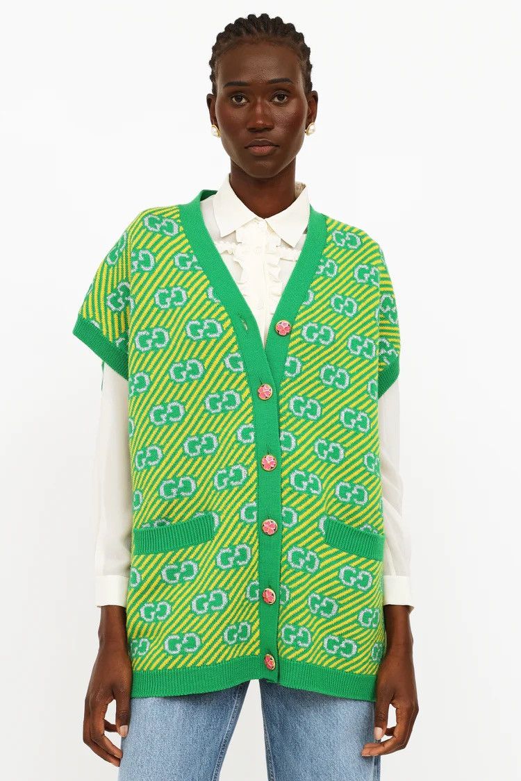 image of Gucci Green & Yellow Jacquard Knit Vest, Women's (Size XS)