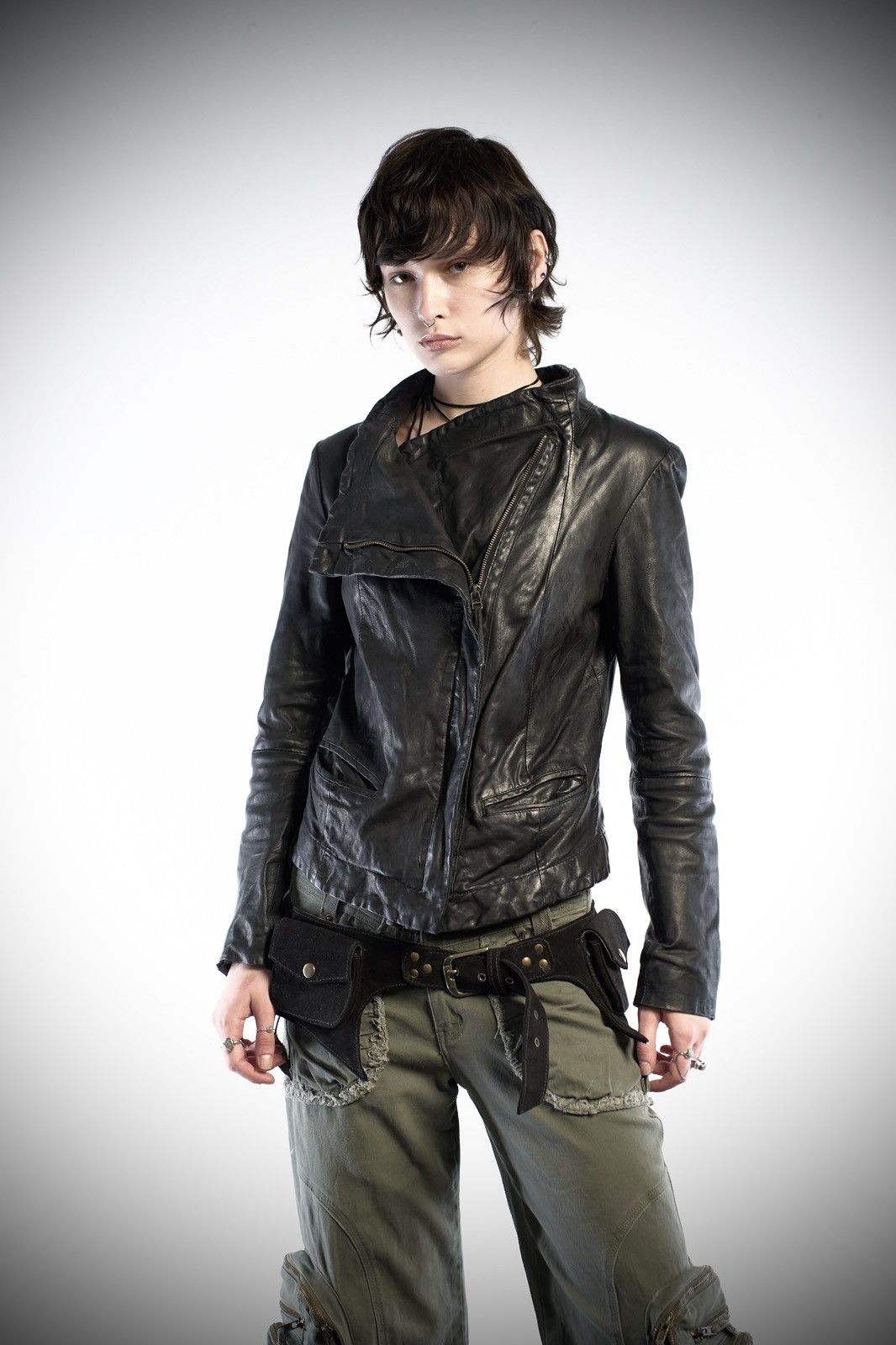 Rick Owens Style Asymmetric Archive Lambskin Leather Jacket