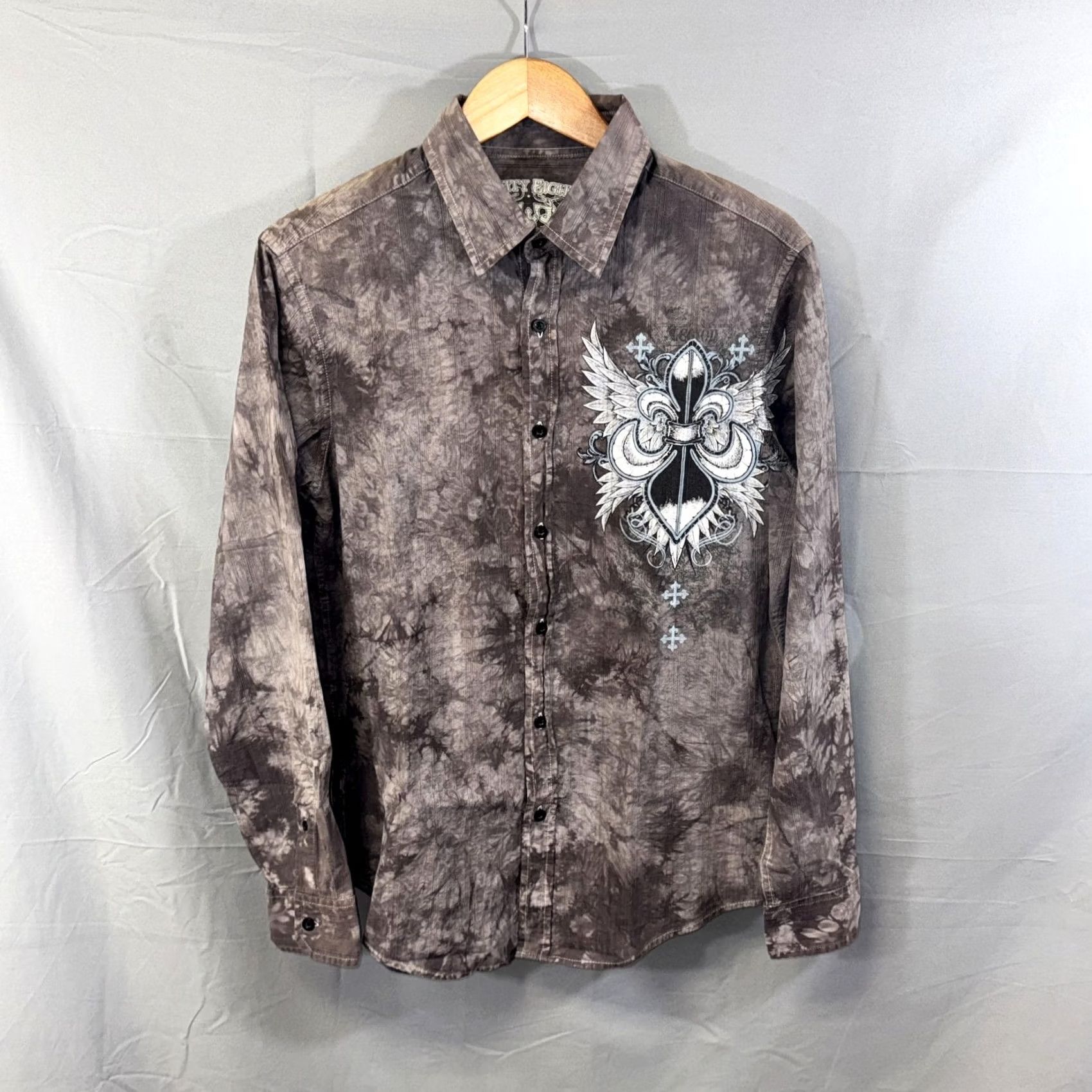 Vintage VINTAGE Eighty Eight Shirt Mens Medium Gray Tie Dye Button Down Fleur de Lis Wings Print Size US M / EU 48-50 / 2 - 2 Thumbnail