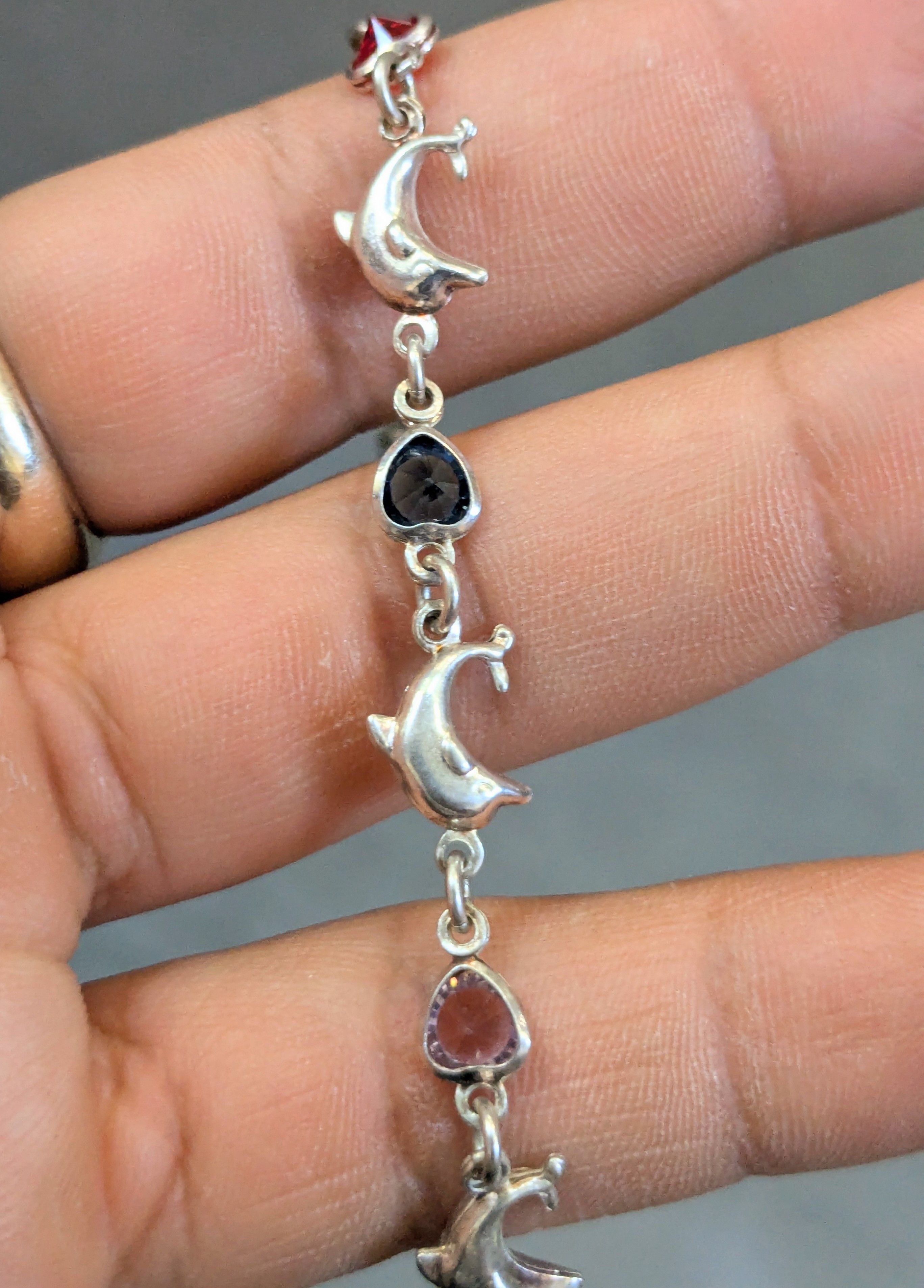 Jewelry Vintage Sterling Silver Bracelet 7.25" Heart Dolphin Rainbow Size ONE SIZE - 12 Thumbnail