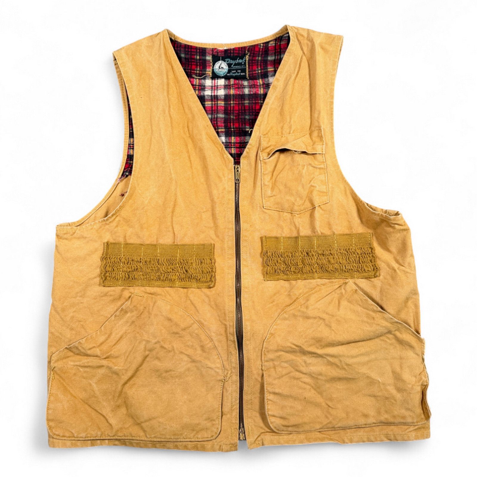 Vintage Drybak Hunting Vest Brown Duck Canvas Plaid USA 60s