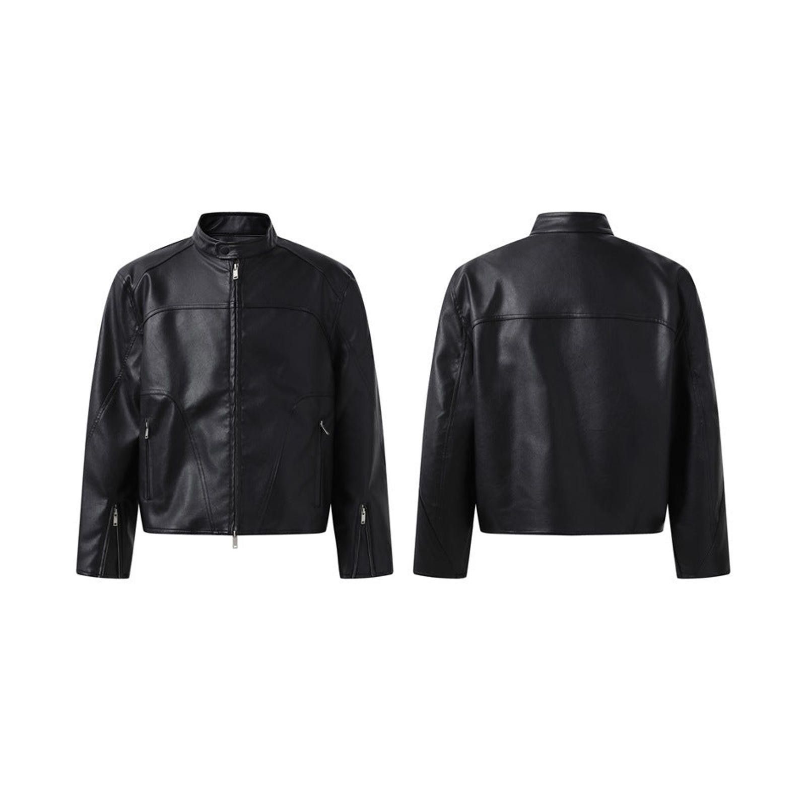 Leather Black Faux Leather Biker Jacket, Zip-Up Stand Collar Size US M / EU 48-50 / 2 - 5 Thumbnail
