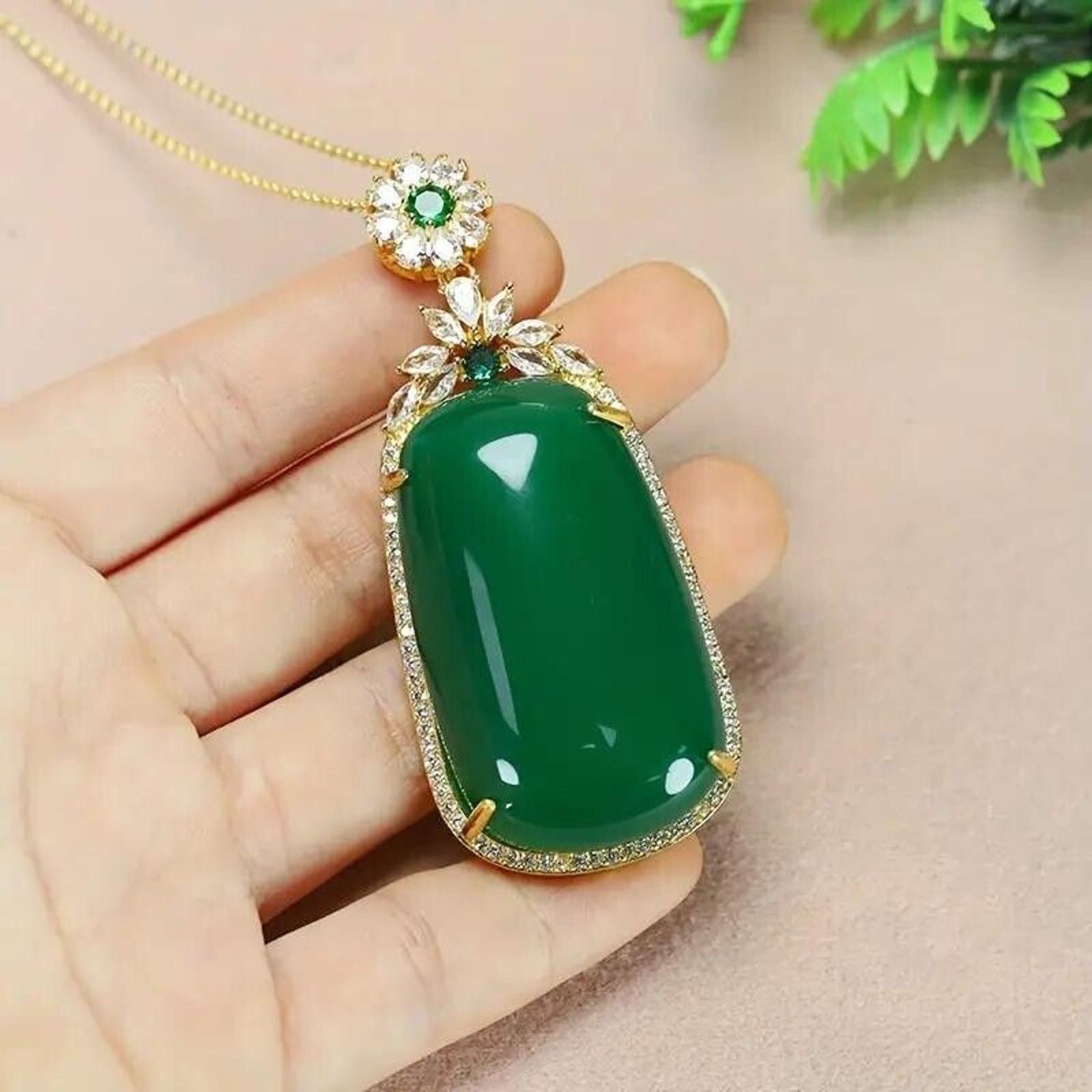 Other Green Faux Jade Pendant Marquis Round Rhinestones •24" Chain Size ONE SIZE - 2 Thumbnail