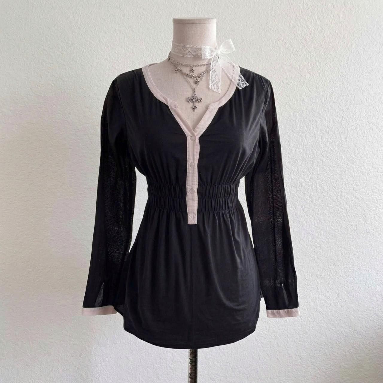 Vintage Black longsleeve blouse, cinched elasticated waist, Comma Size S / US 4 / IT 40 - 1 Thumbnail