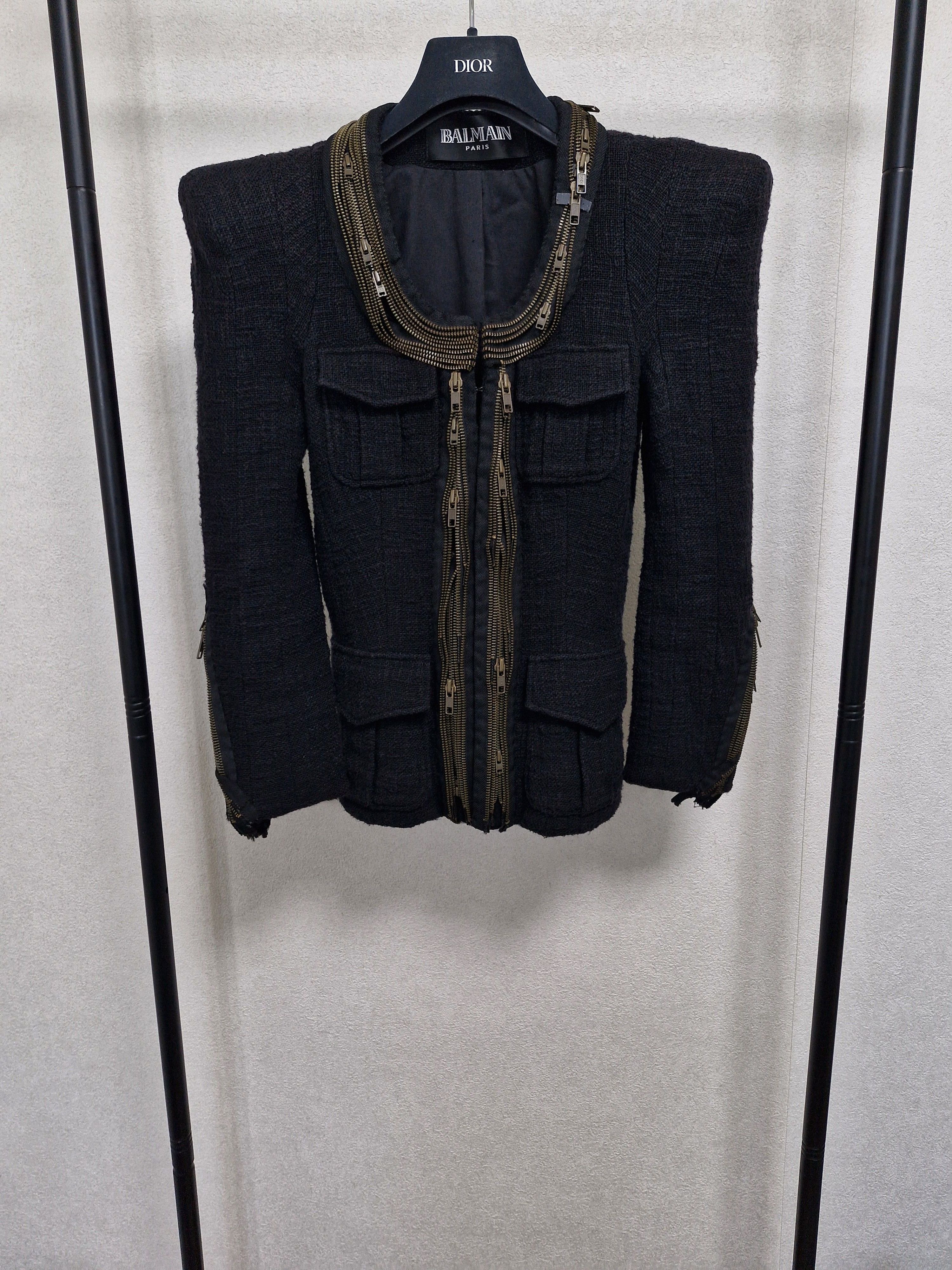 Balmain BALMAIN SS10 Decarnin Multi Zipper Tweed Jacket Size US XXS / EU 40 - 1 Thumbnail