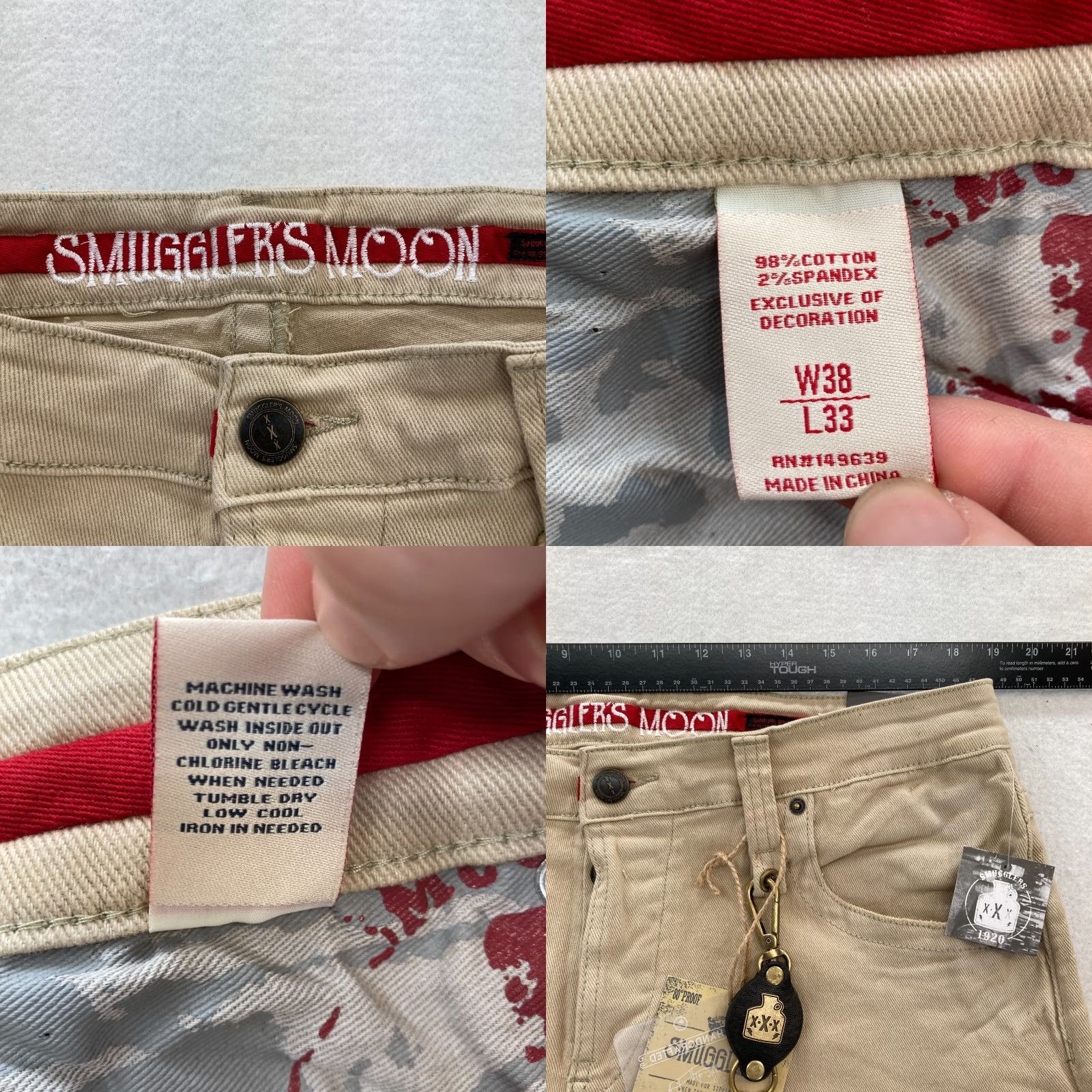 Denime Smugglers Moon Jeans Mens 38x33 Khaki Beige Denim Button Fly Roll Up Distressed Slim 5-Pocket Gothic Punk Rock Skull Mens Jeans Size US 38 / EU 54 - 8 Thumbnail