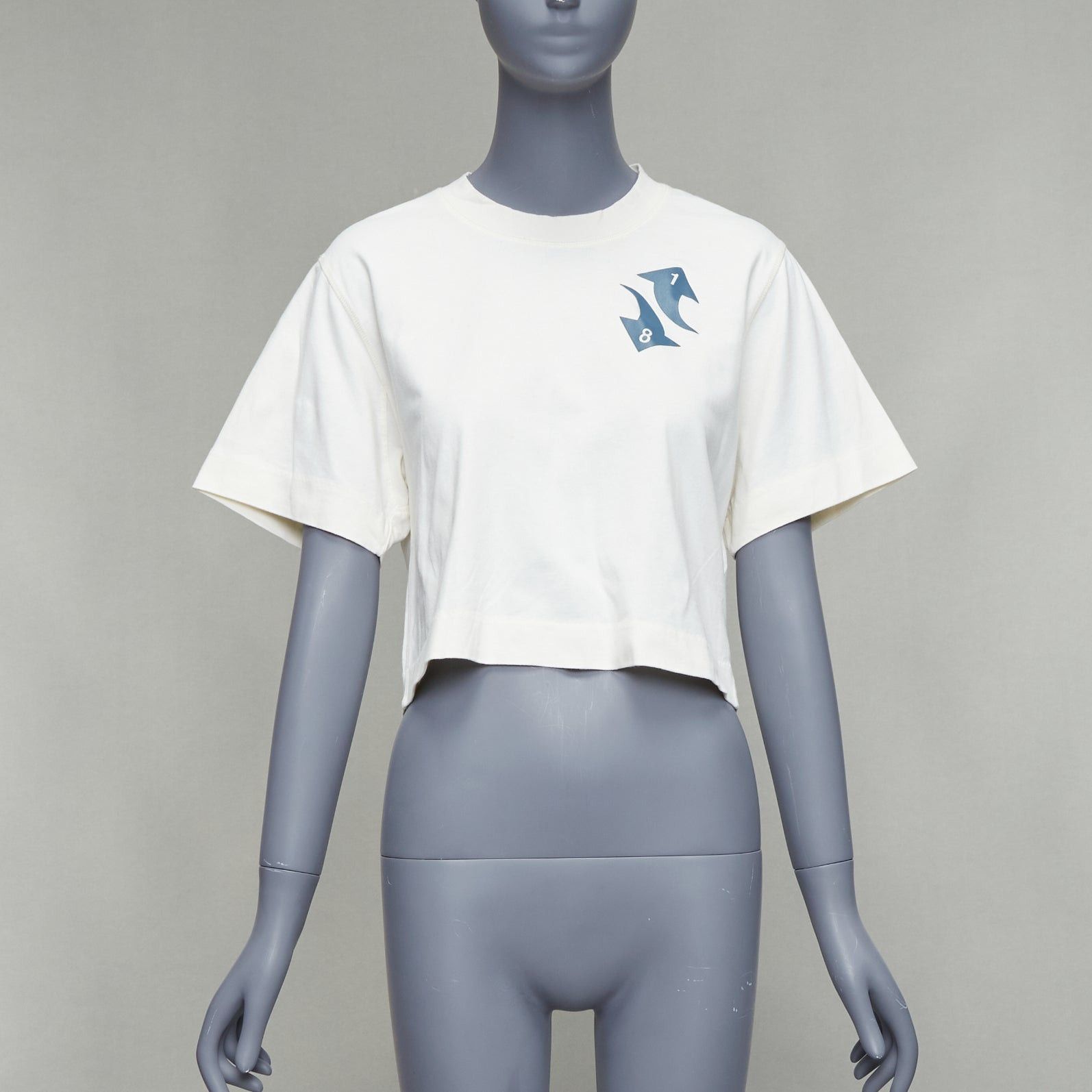 Off-White OFF WHITE cream cotton blue embroidered logo crop tshirt XS Size S / US 4 / IT 40 - 1 Thumbnail