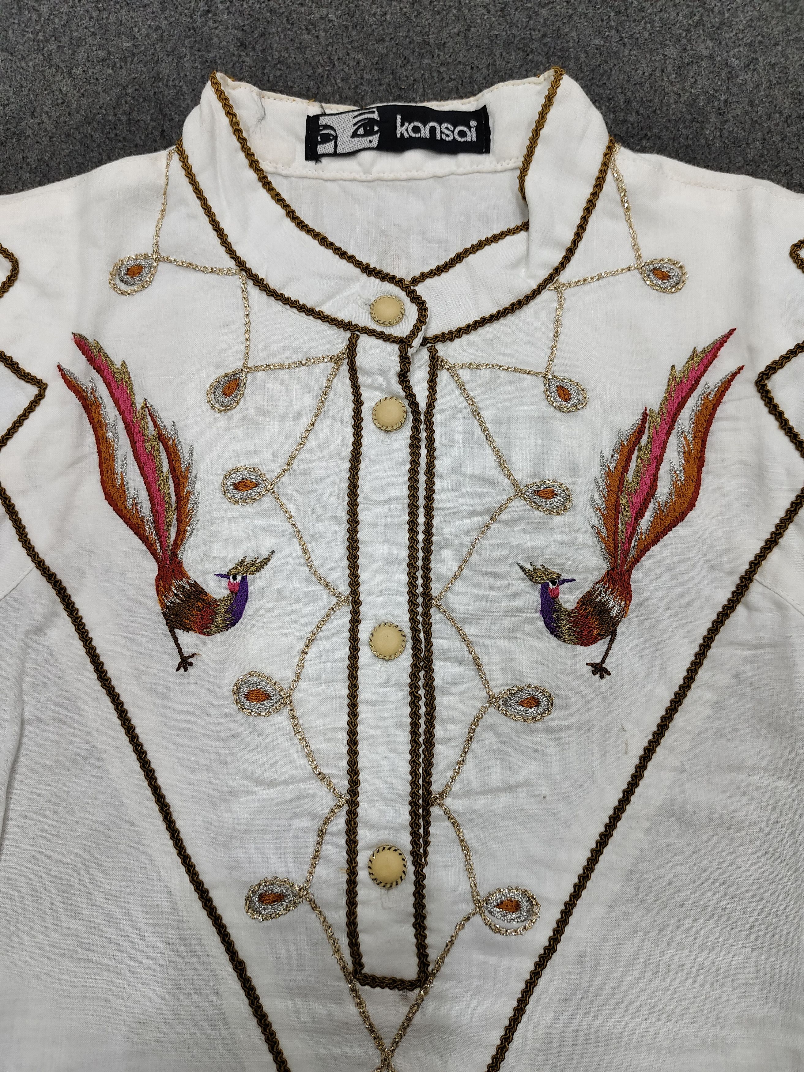 Kansai Yamamoto 80s Kansai- Archive Peacock Metalic Embroidered Blouses Size L / US 10 / IT 46 - 9 Thumbnail