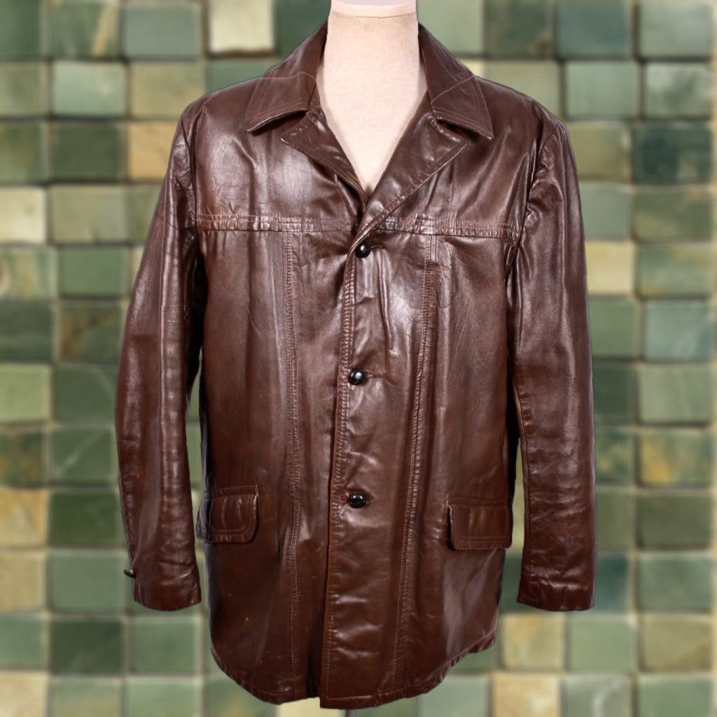 Vintage VTG 1970s Leather Jacket Mens Brown Size 46L Long Trench Car Coat with Liner 37.5" Long Vintage Jacket Size US S / EU 44-46 / 1 - 1 Thumbnail
