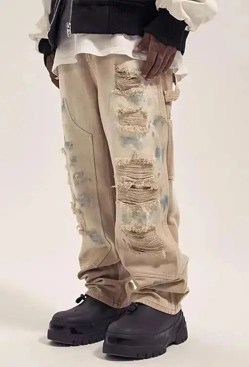 Jean Retro distressed graffiti paint ripped work jeans Size US 34 / EU 50 - 6 Thumbnail