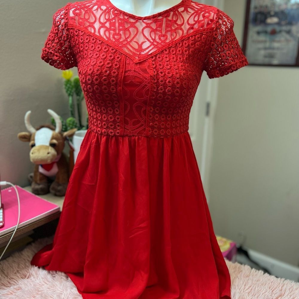 Other Francesca’s Red Lace Overlay Fit & Flare Mini Dress – Size X Size XS / US 0-2 / IT 36-38 - 1 Thumbnail