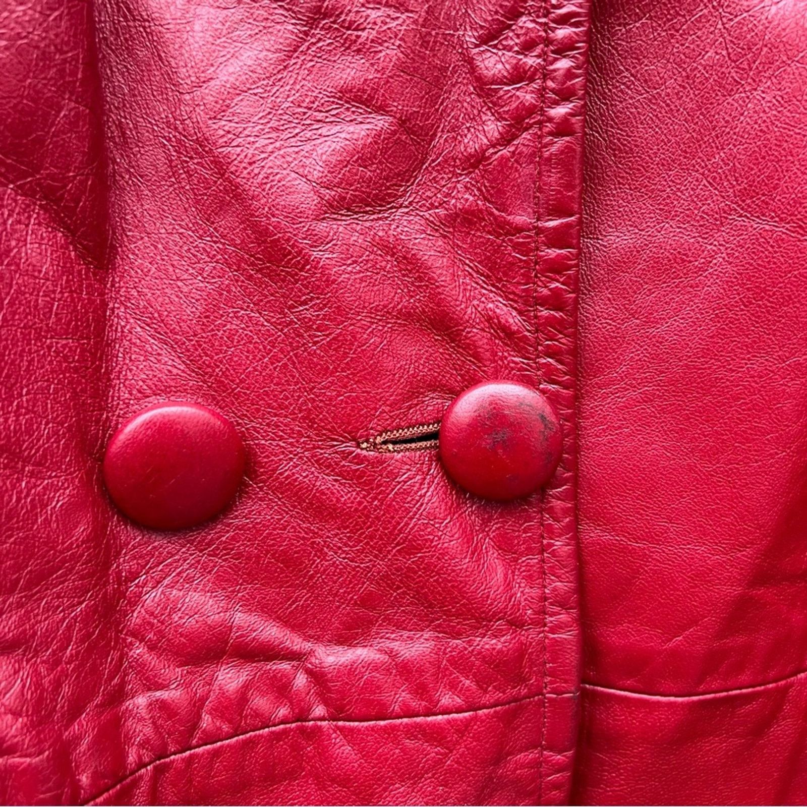 Vintage 60s 70s Red Leather Silver Fox Fur Mrs Claus Trench Coat Size XL / US 12-14 / IT 48-50 - 4 Thumbnail