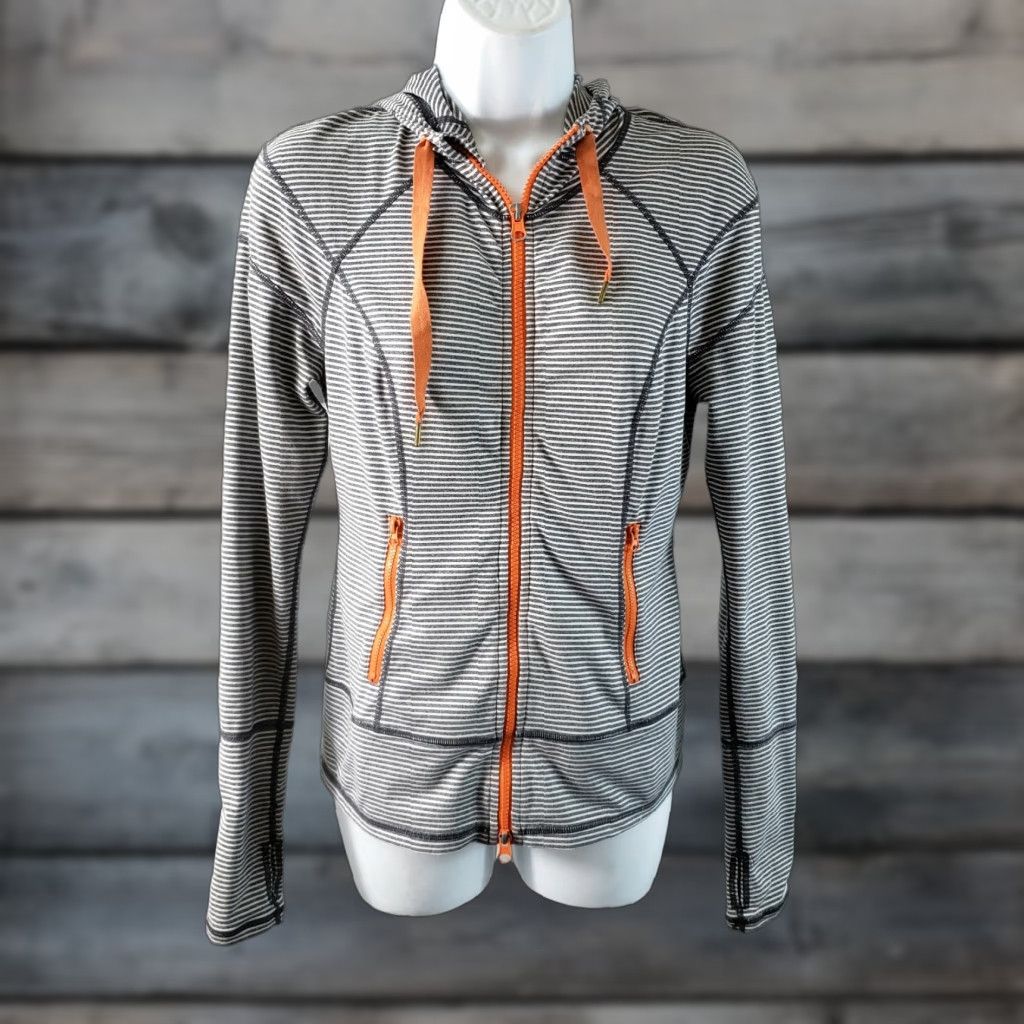 Vintage Zella Womens Athletic Jacket XS Gray Orange Striped Hooded Thumbholes Jacket Womens XS Gray Striped Hooded Thumbholes Size XS / US 0-2 / IT 36-38 - 1 Thumbnail