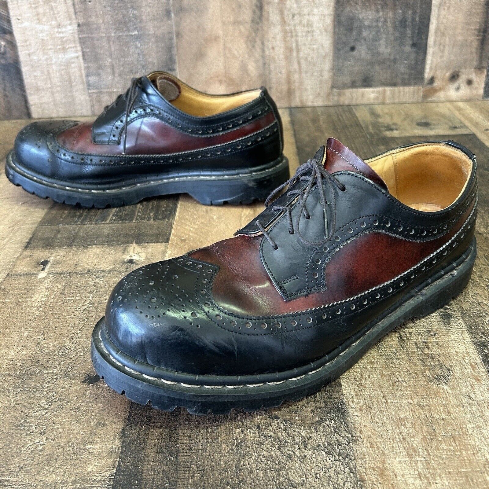 image of Gripfast Vintage Steel Toe Wingtip Brogue Shoes Uk 10 Us 11 in Black Burgundy, Men's