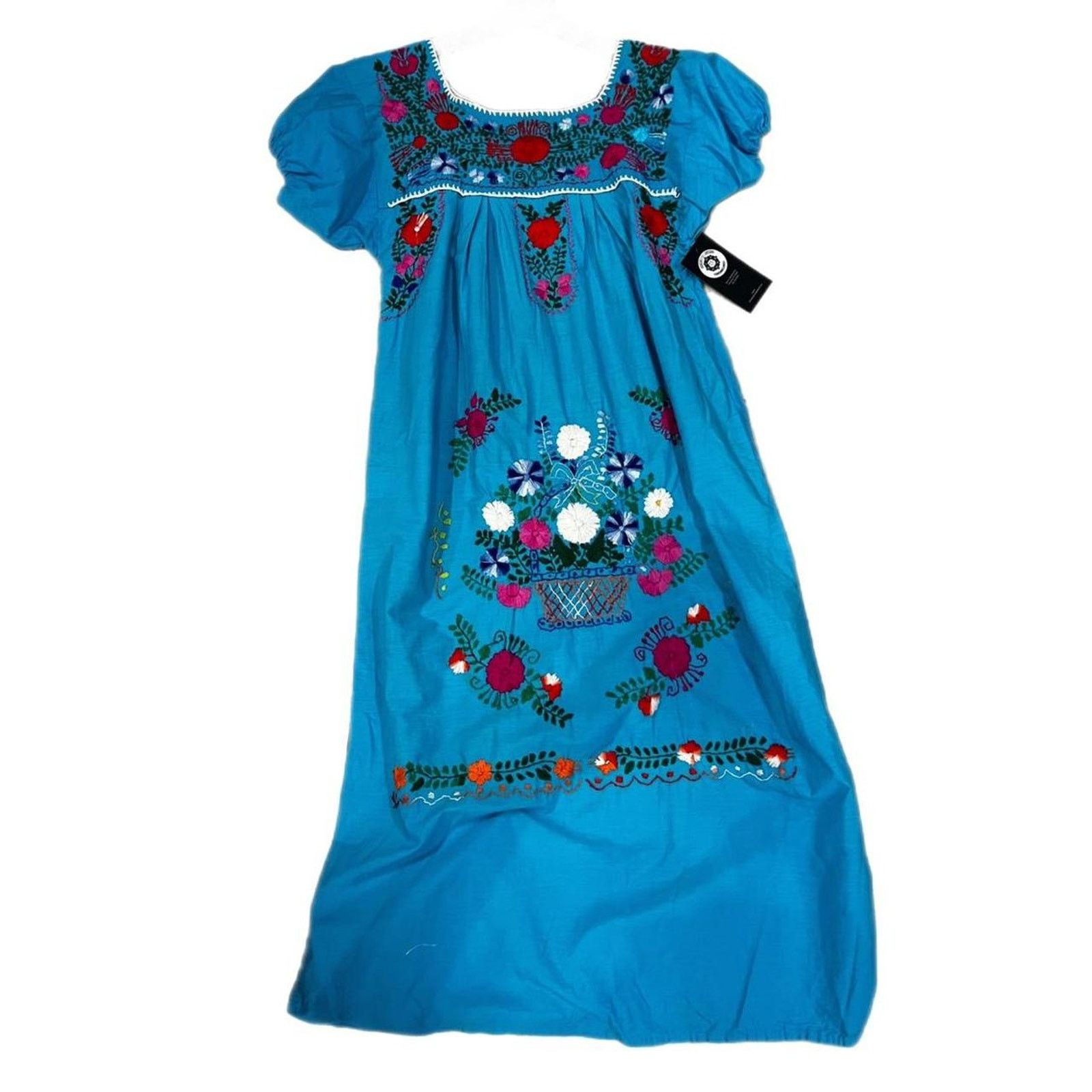 Vintage Mexican blue dress floral handmade Size M / US 6-8 / IT 42-44 - 1 Thumbnail