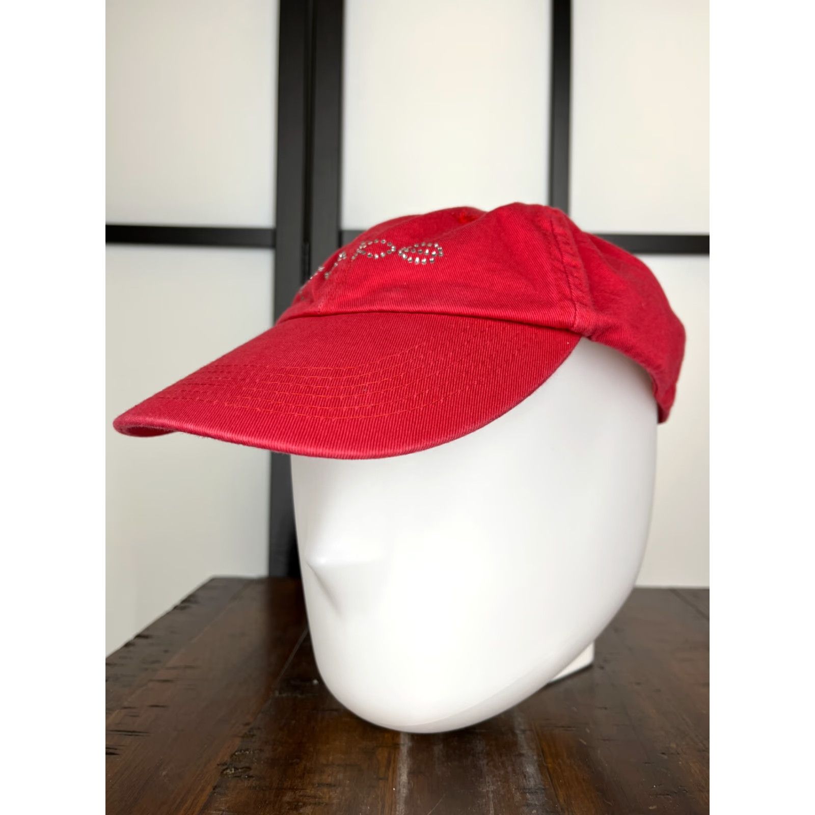 Bebe bebe Red Adjustable Strap Back Womens Baseball Cap Hat Twill Cotton Rhinestone Logo Bling Size ONE SIZE - 2 Thumbnail