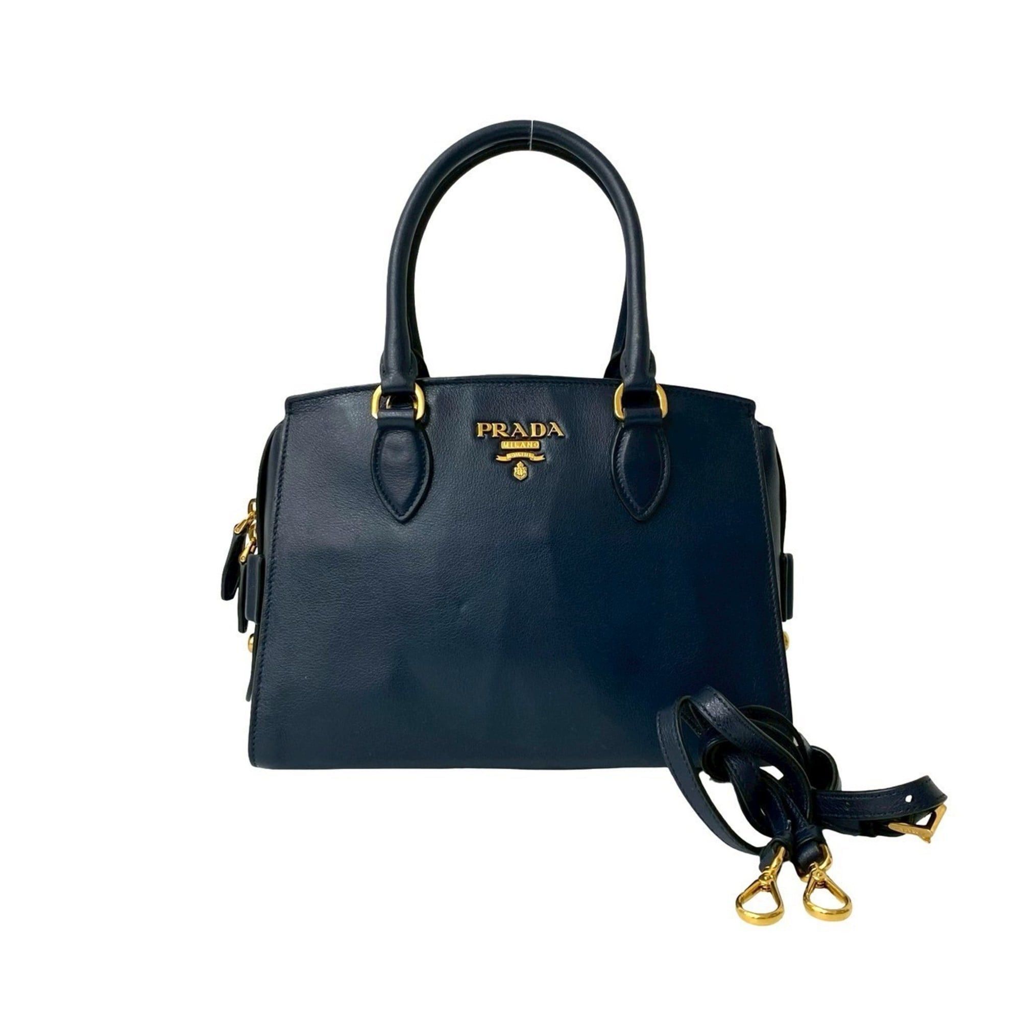 Prada Leather 2-Way Shoulder Bag Handbag Mini Boston Navy Blue 18701