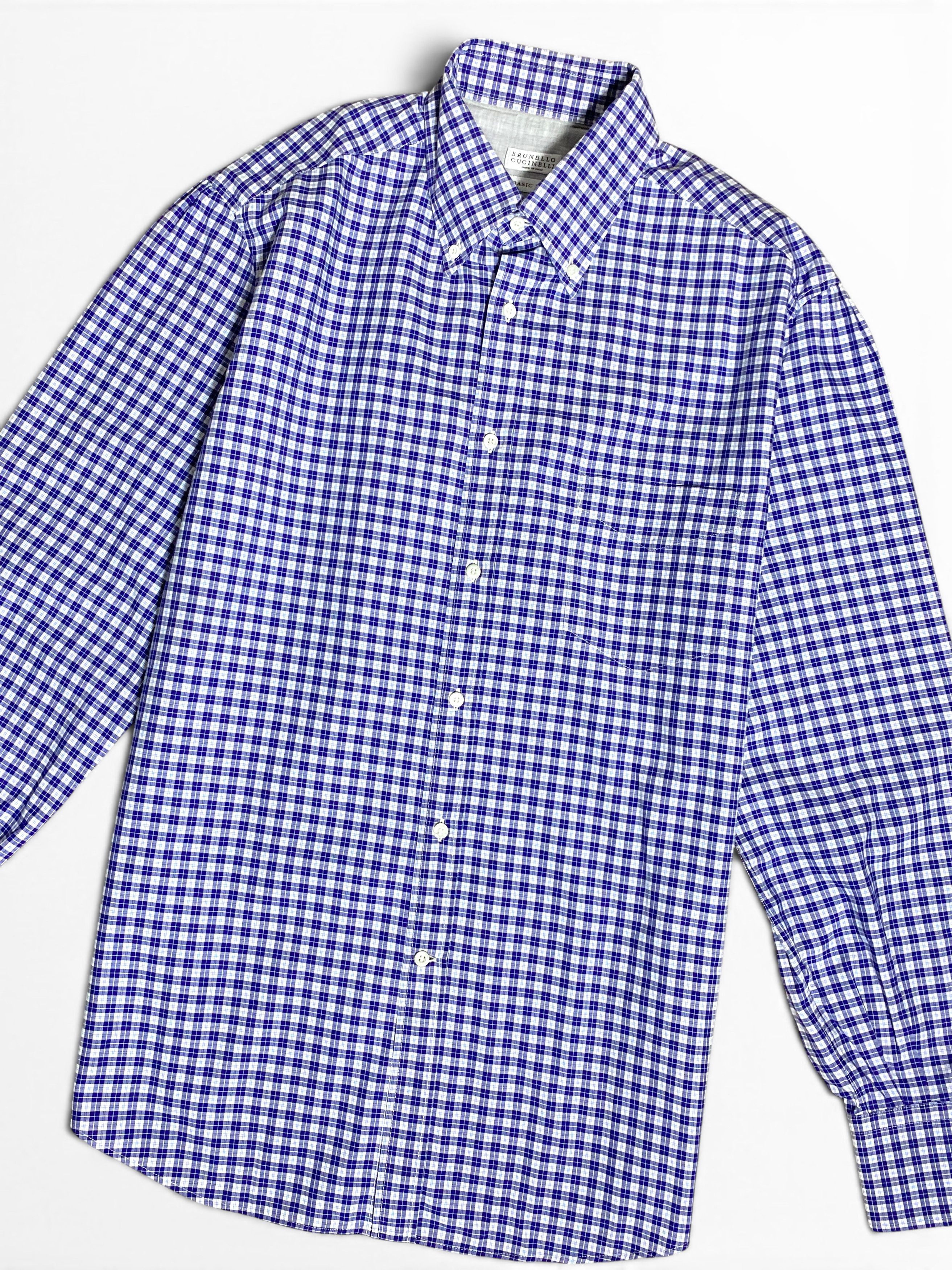 Brunello Cucinelli Brunello Cucinelli Blue White Check Cotton Dress Basic Shirt Size US L / EU 52-54 / 3 - 4 Thumbnail