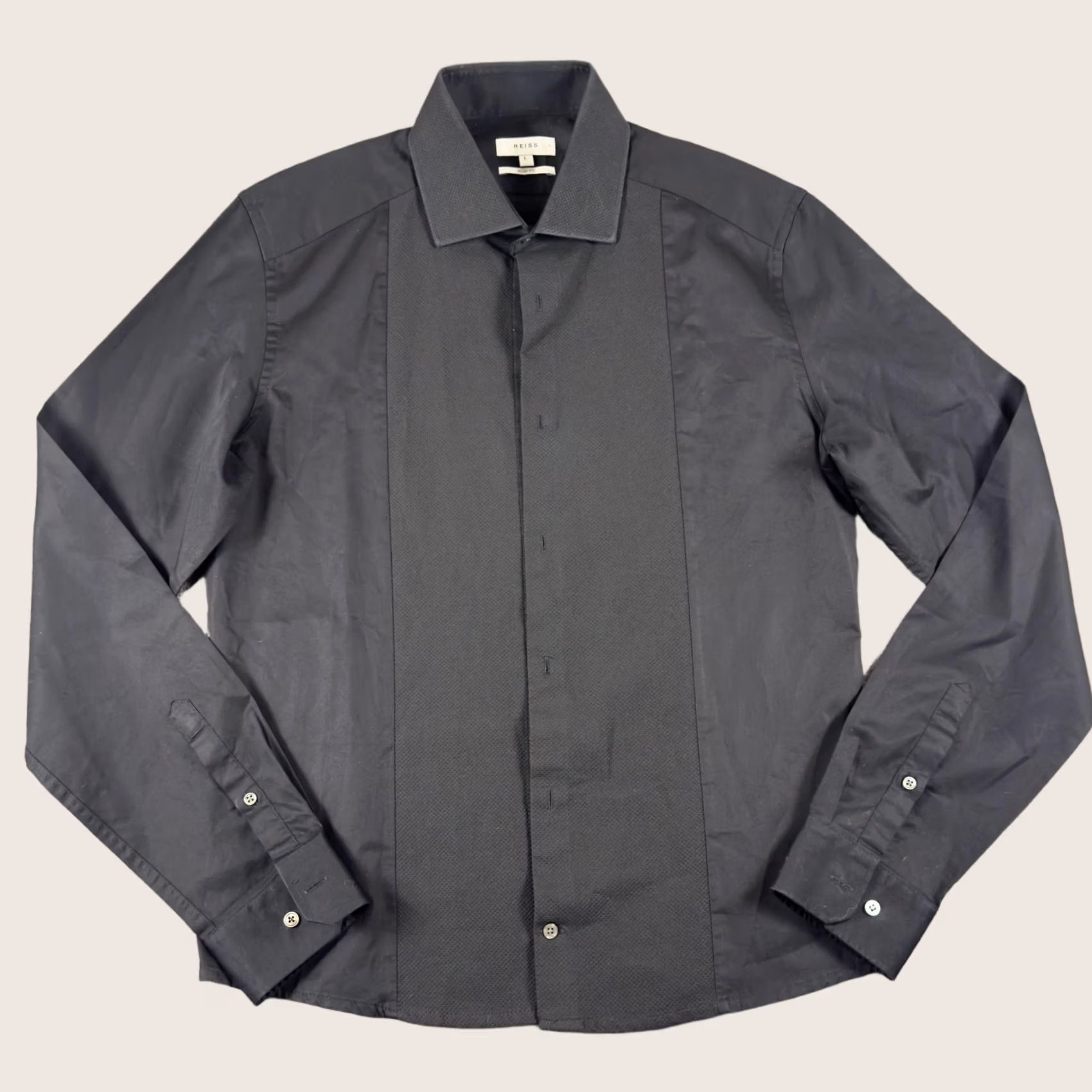 Reiss Reiss Shirt Mens Large Black Textured Panel Slim Fit Dress Button Up Tux Size 42R - 1 Thumbnail