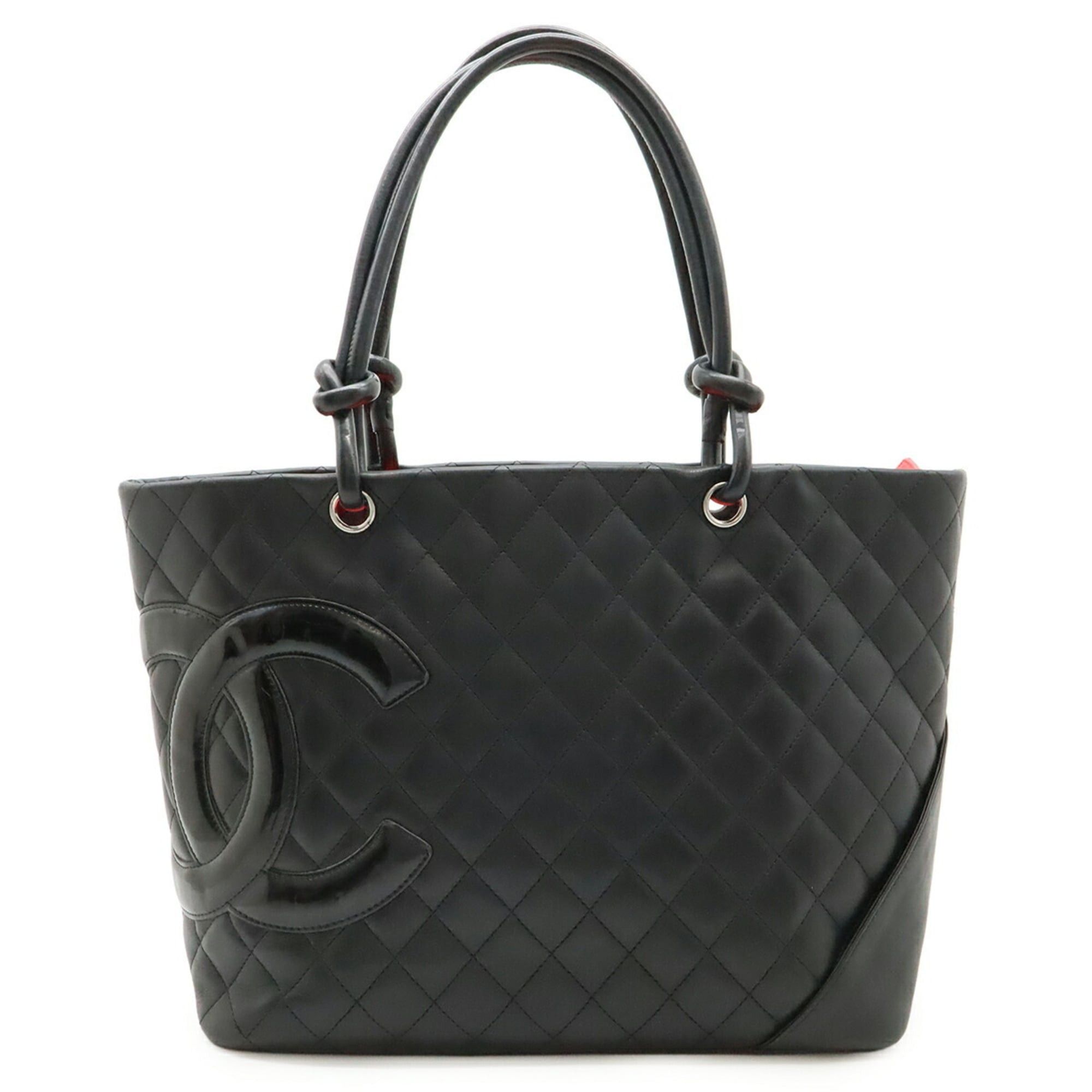CHANEL Cambon Line Coco Mark Large Tote Bag Shoulder in Soft Calfskin Enamel Black and Pink A25169