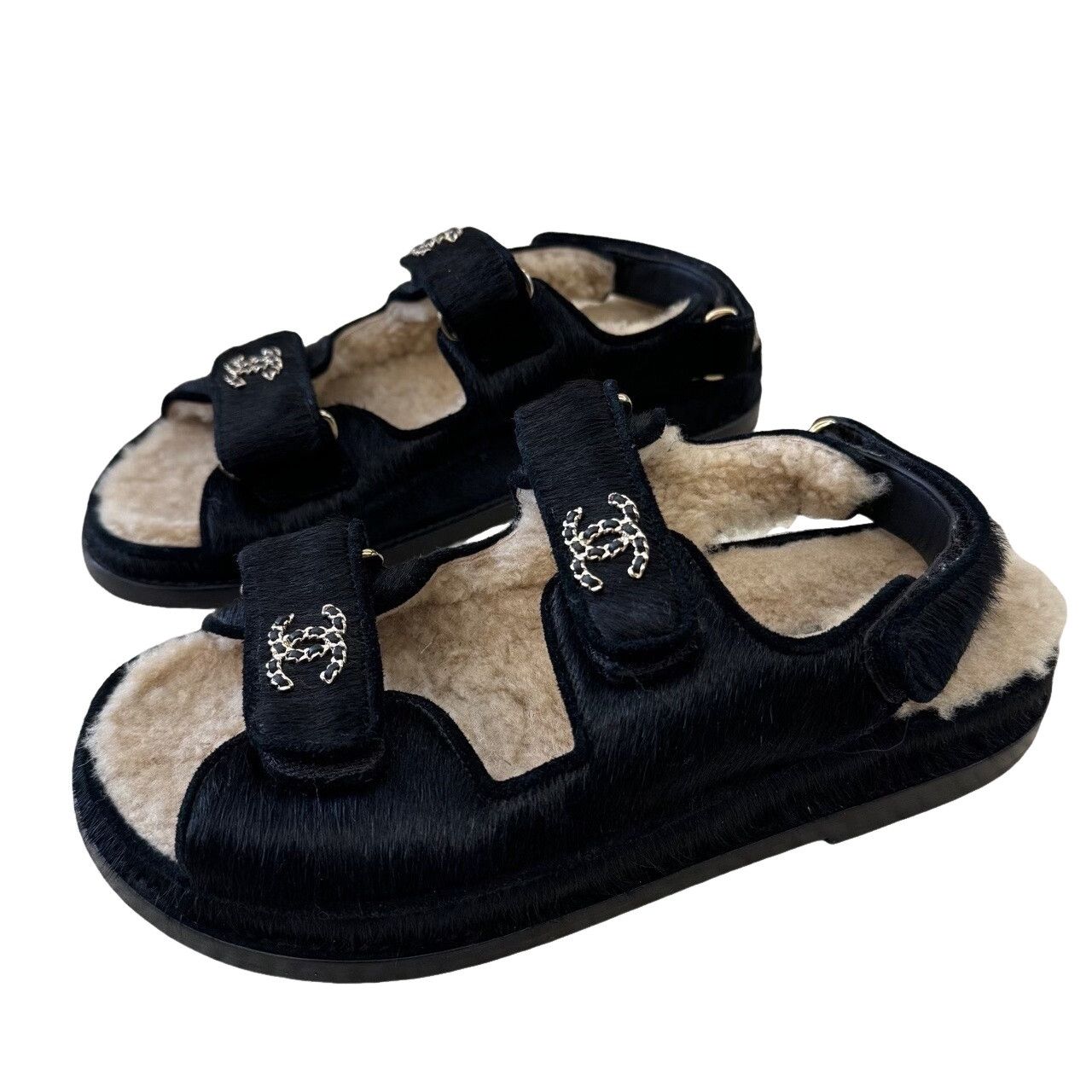 Chanel Chanel Black Hair-on-Calf CC Logo Sandals Size 36 Size US 6 / IT 36 - 1 Thumbnail