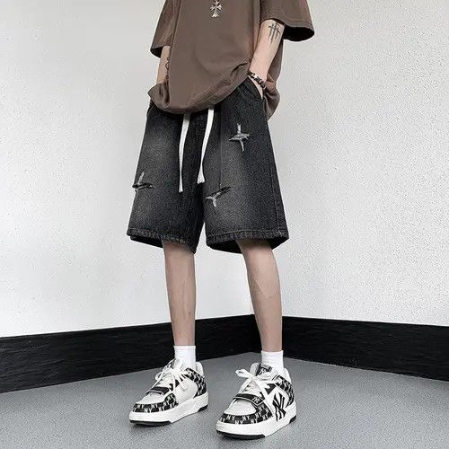 Japanese Brand × Jean Black Star Embroidered Washed Ripped Denim Shorts Size US 32 / EU 48 - 2 Thumbnail