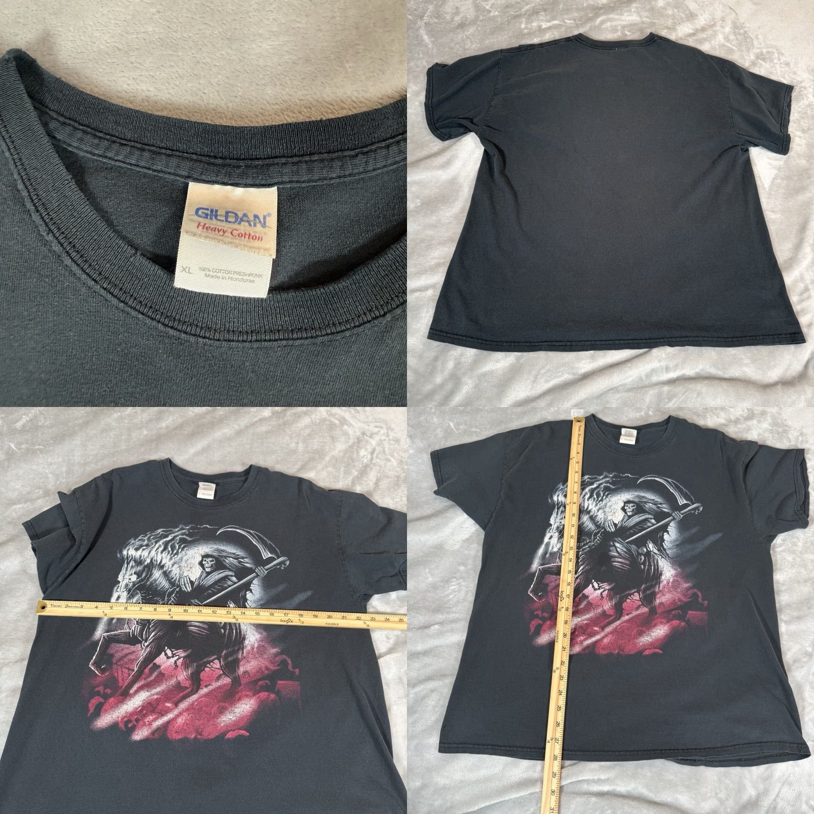 Gildan VINTAGE Gildan T-Shirt Mens XL Black Skull Reaper Distressed Grunge Faded Crew Neck Short Sleeve Graphic Print Cotton Size US XL / EU 56 / 4 - 8 Thumbnail